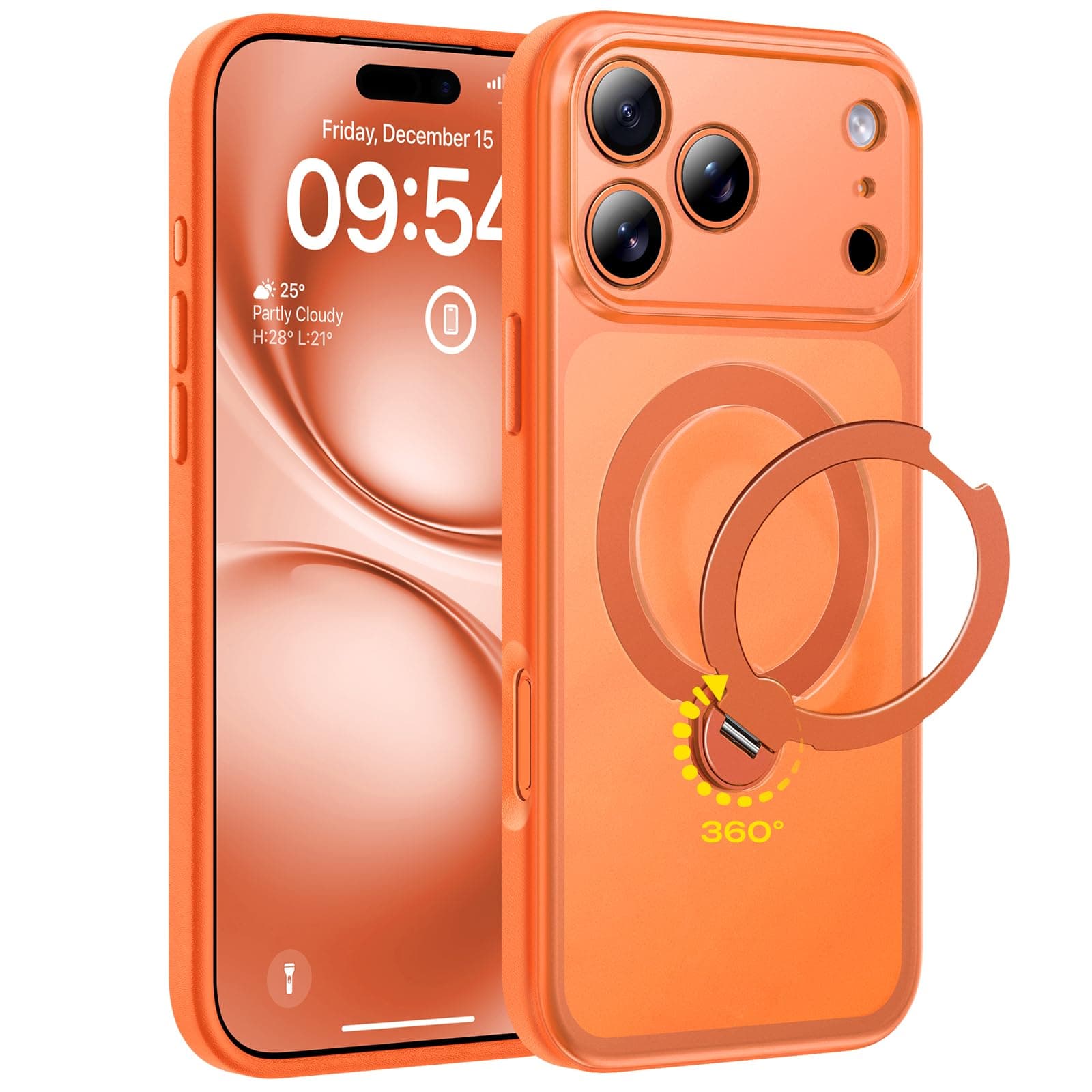 TOCOL Coque pour iPhone 17 Pro Max avec Support Rotatif 360°, Orange | Compatible avec MagSafe, Béquille Intégrée, Protection de l'objectif Améliorée, Antidérapante, Case Mat Translucide Antichoc