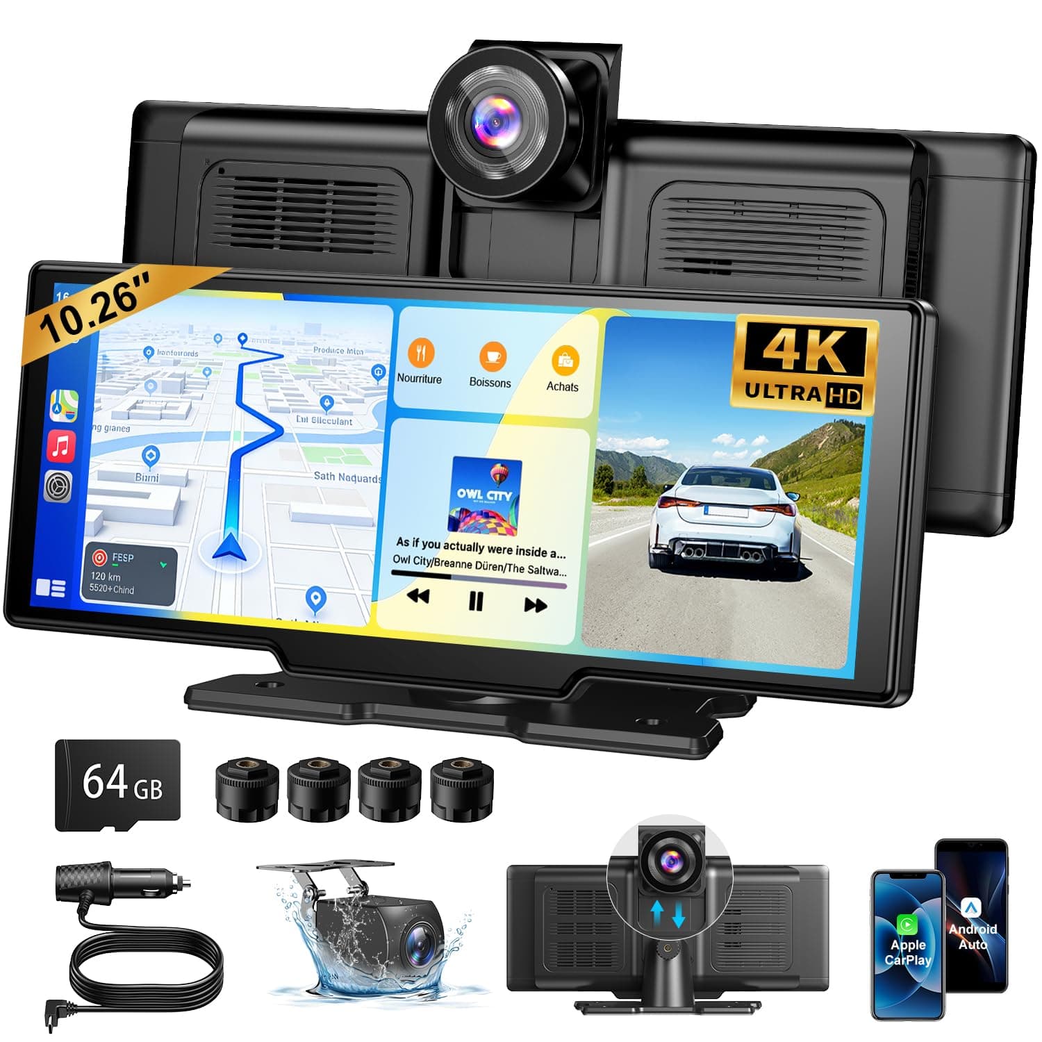 ESSGOO CarPlay Voiture avec Surveillance Pression Pneus, 10,26″ Écran Tactile IPS, Double Caméra 4K+1080P. Supporte CarPlay/Android Auto sans Fil, GPS, FM, AUX, Mirror Link, avec Carte TF 64G Incluse