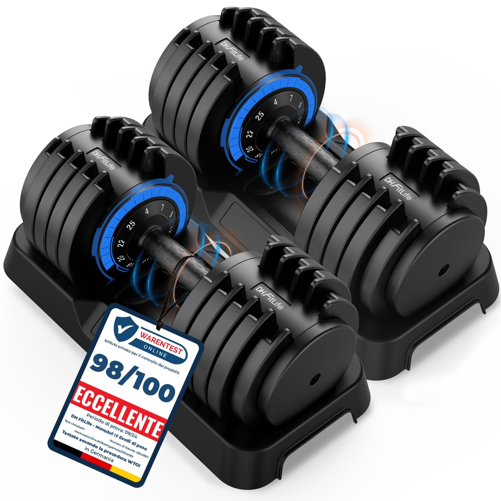DH FitLife 12kg/25kg Manubri Regolabili, Set Manubri Componibili con 10 Pesi in 1, Manubri Regolabili Salvaspazio per Allenamento a Casa