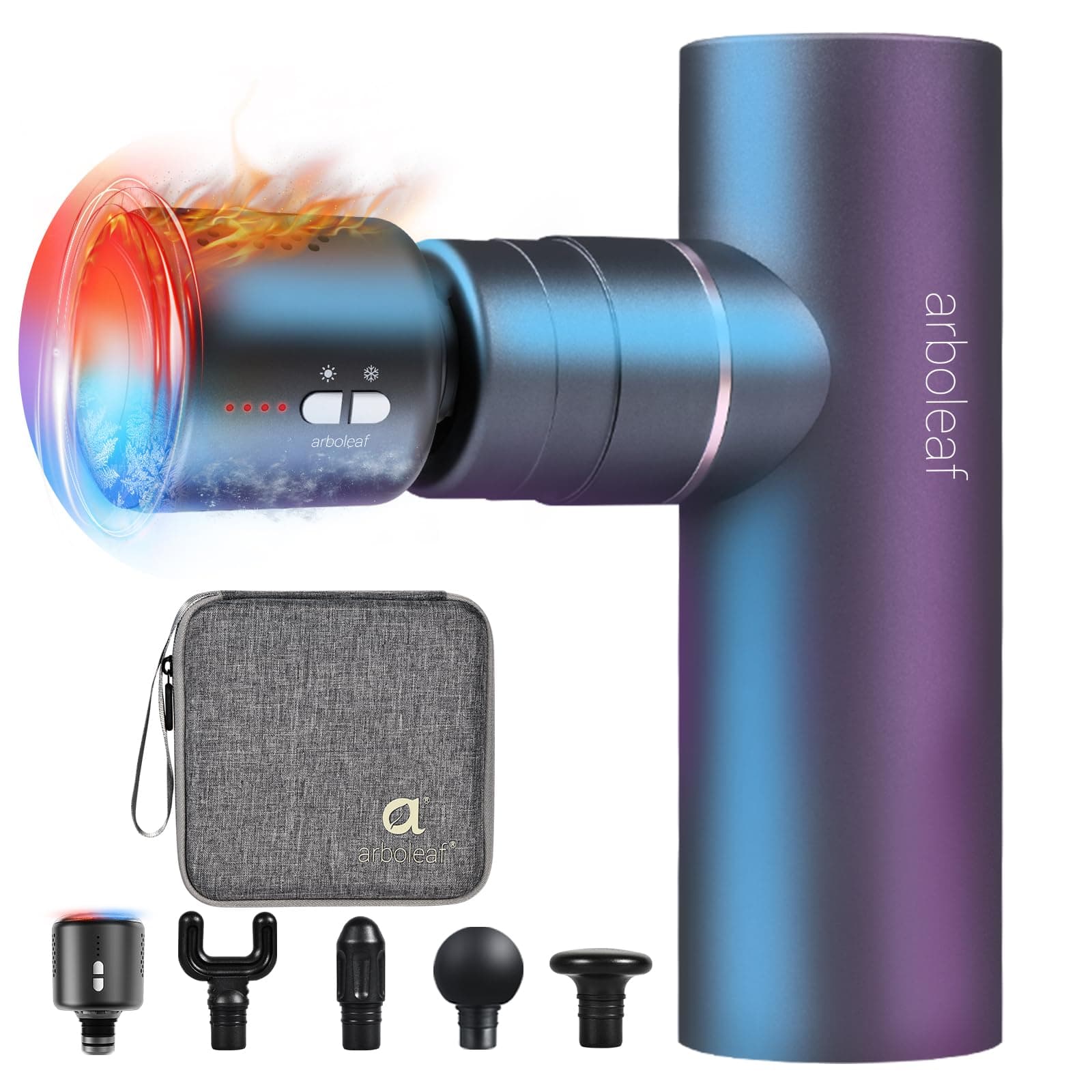 Arboleaf Mini Pistola de Masaje Muscular con Calor y Frío,Masajeador Muscular Eléctrica 5 Velocidades 4 Cabezal de Silicona, Massage Gun 3200rpm Bajo Ruido,2000mAh Carga Tipo-C, Regalo Originale Utile