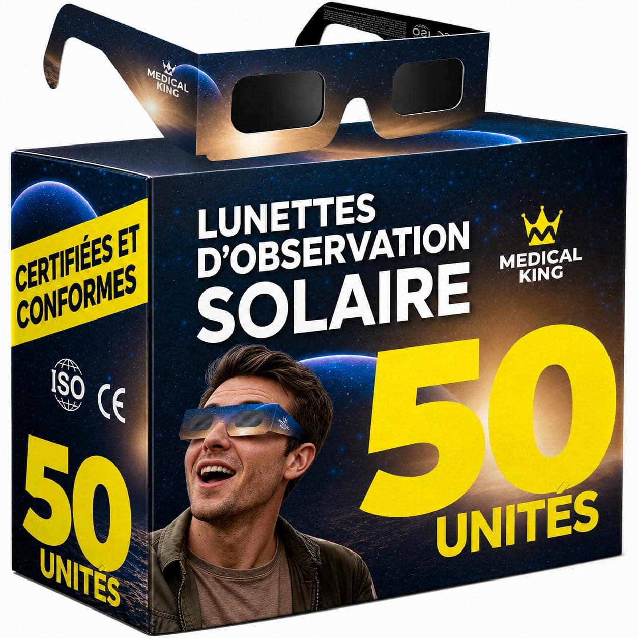 Lunettes Eclipse Solaire 2026 – Lot de 6/50/100 Paires Premium avec 2 Filtres Solaires pour Smartphone, Lunettes Eclipse Solaire ISO 12312-2,CE, Protection des Yeux pour l'Observation du Soleil