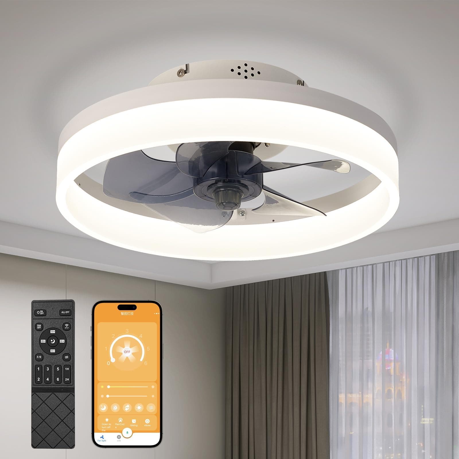 MOSSCO Silencieux Ventilateur Plafond 50 cm, Ventilateur de Plafond avec Telecommande, 6 Vitesses et vent Réversible,LED Dimmable, 3 Températures de Couleur en Option
