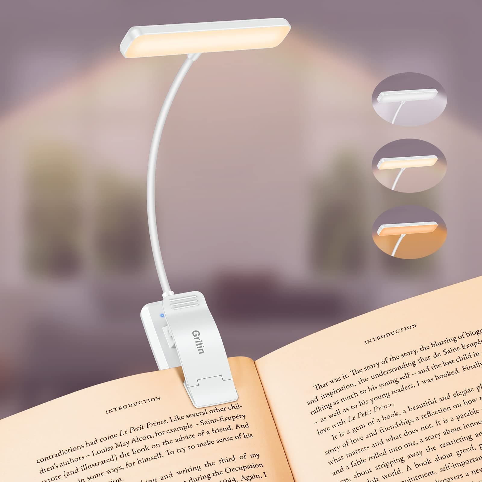 Gritin 19 LED Luz de Lectura, Lámpara de Lectura USB Recargable de 360° Flexible con 3 Modos de Iluminación - Protección Ocular & Atenuación Continua & Larga Duración Luz de libro para leer en la cama