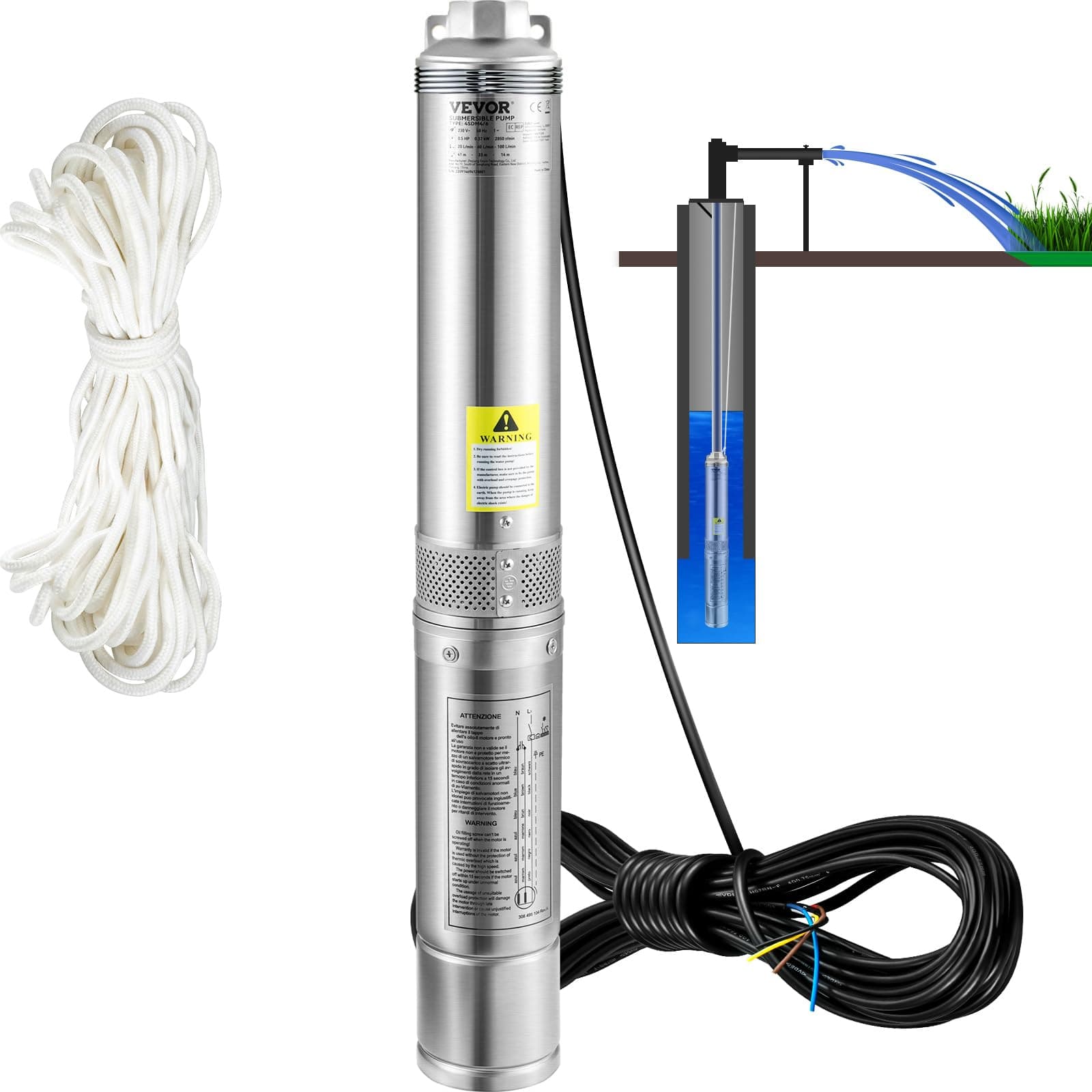 VEVOR Pompe Immergée pour Puits 6600 L/h 44 m Pompe à Eau pour Puits Profond en Acier Inox, Pompe à Eau Électrique 370 W, Pompe de Puits Submersible Automatique Usage Domestique Agricole Industriel