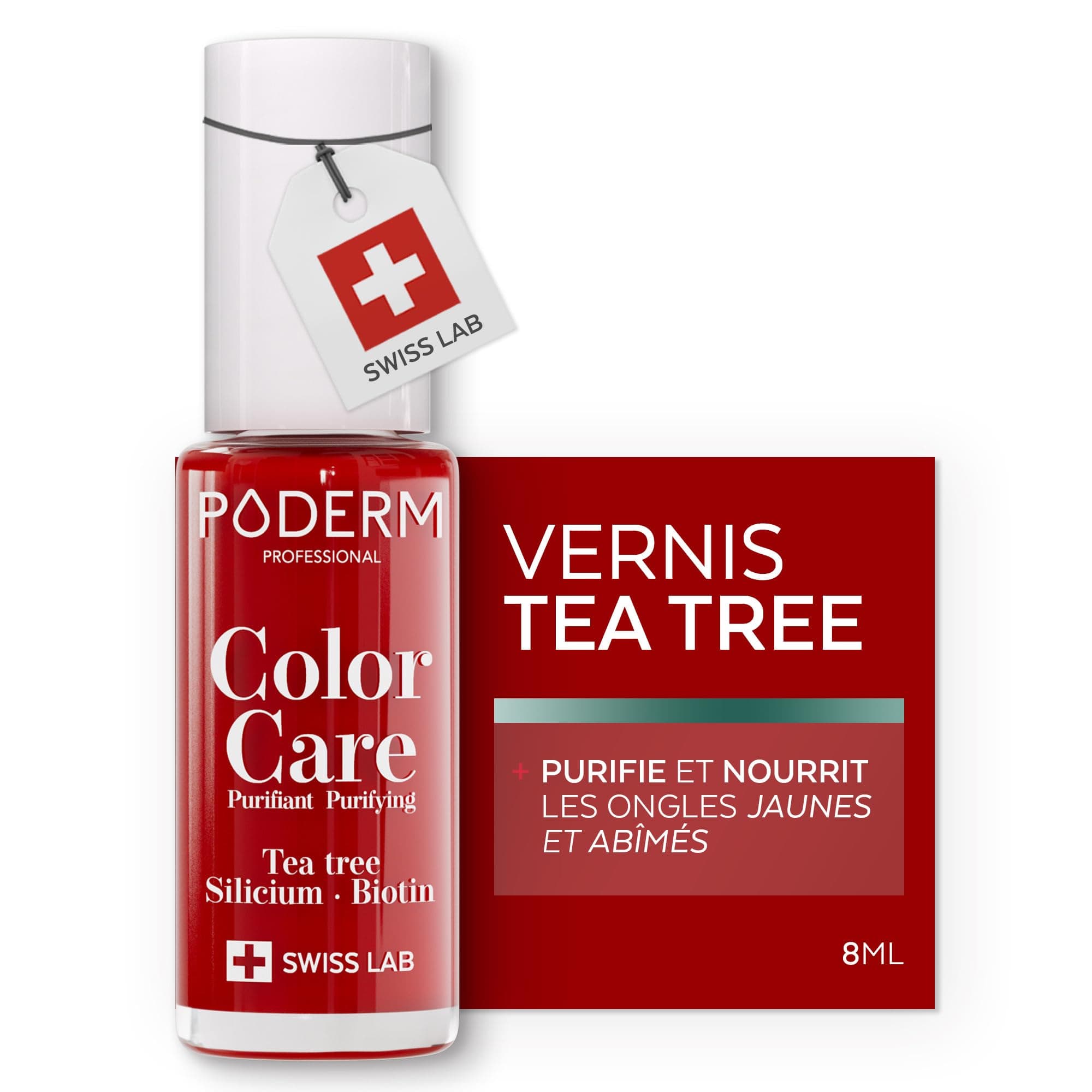 PODERM Vernis Soin au Tea Tree - Rouge Puissant | Swiss Lab - 8ML | Enrichis en Tea Tree, Silicium & Biotine | Purifie, Clarifie & Nourrit les Ongles Jaunes et Abîmés | Créé par une Podologue