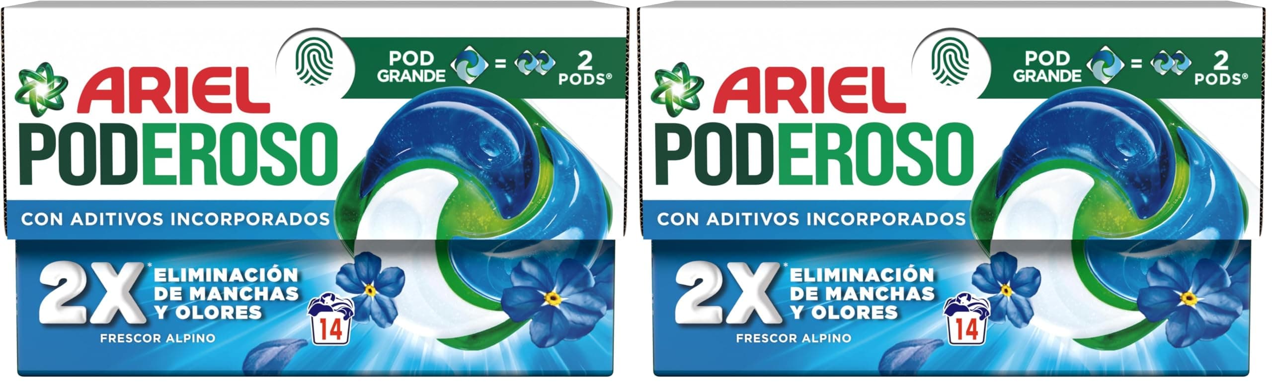 Ariel PODs PODEROSO, Detergente Líquido En Cápsulas 14 Lavados, Frescor De Los Alpes, Con Aditivos Integrados, Quitamanchas Y Eliminación De Olores X2 (Paquete de 2)