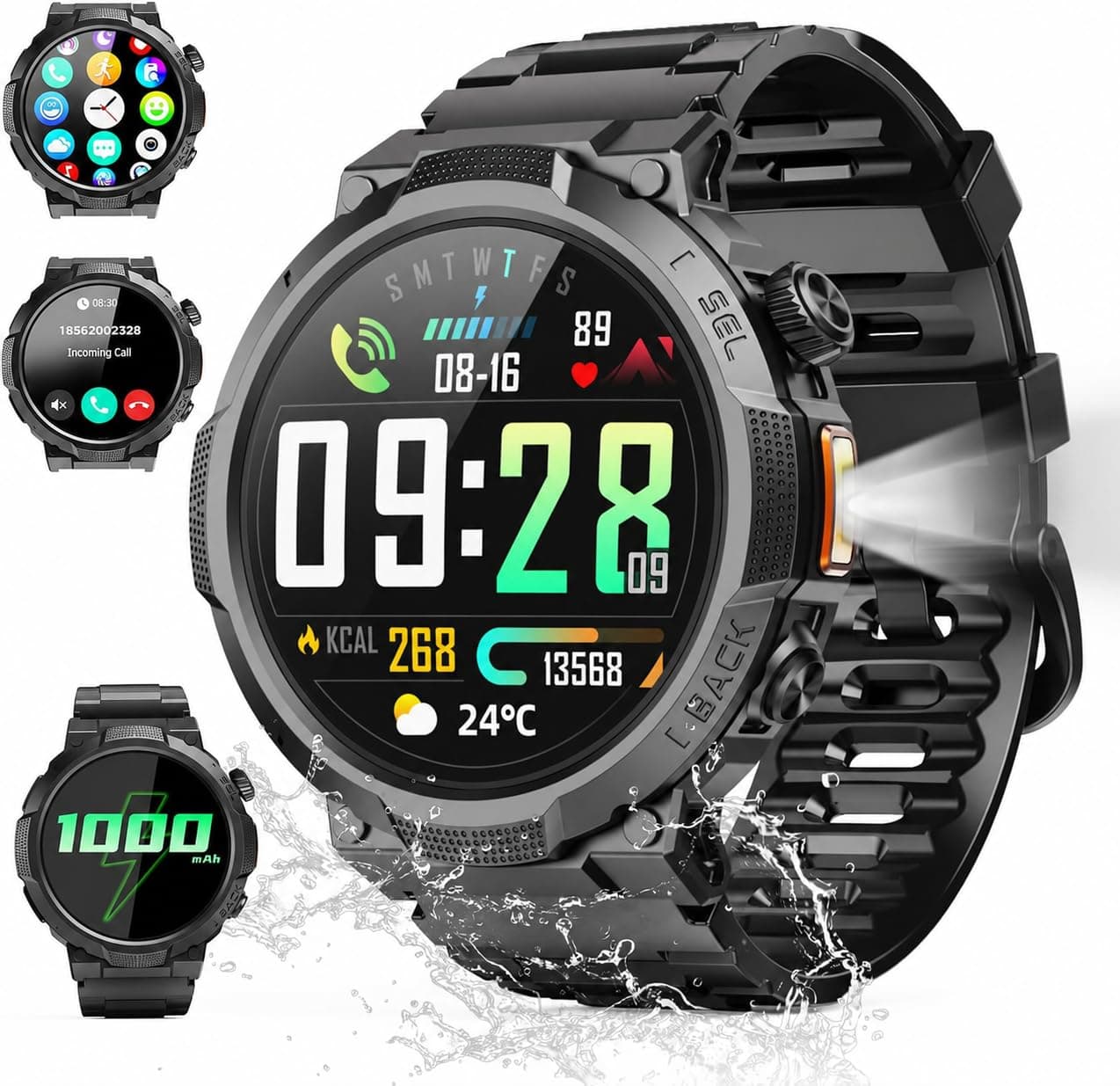 Montre Connectée Homme 1000mAh, Militaire Smartwatch avec LED Lampe, Noir | Smartwatch Homme, 1.53" HD avec Appel Bluetooth, Fréquence Cardiaque, Sommeil, 110+ Sportifs, Étanche IP68 pour Android iOS