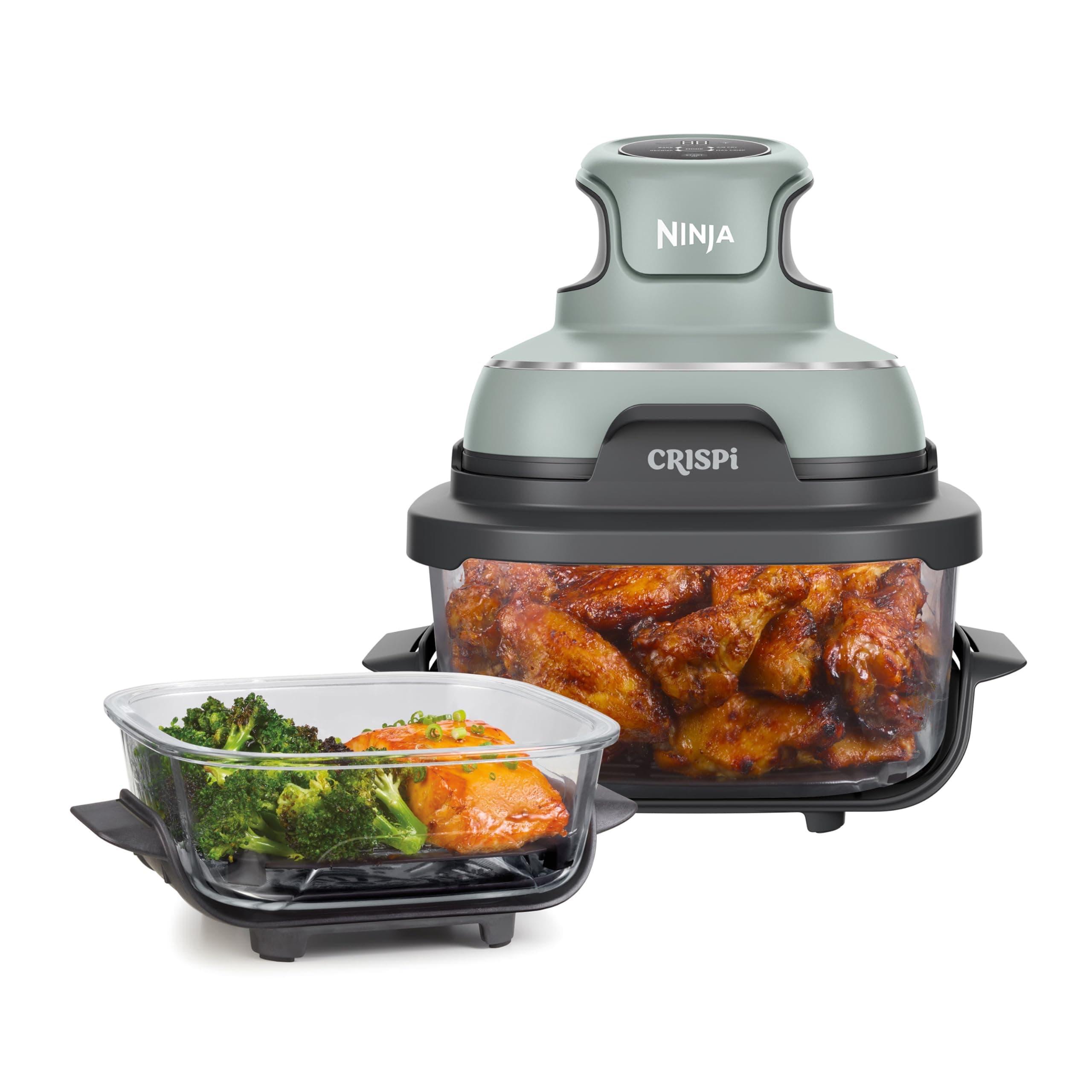 Ninja CRISPi Freidora de Aire portátil, 3,8 l, 4 en 1, freír con Aire, Asar, Mantener Caliente y gratinar, compacta, Incluye 2 recipientes de Vidrio extraíbles y Tapas
