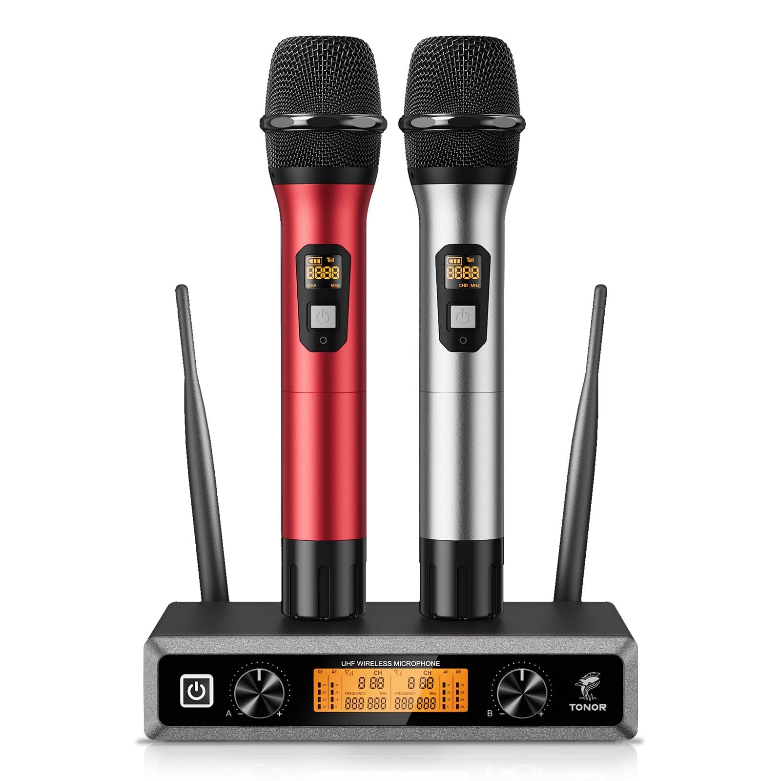 TONOR Micrófono Inalámbrico Dual Sistema de Micrófono Inalámbrico de Mano Profesional UHF, Set KTV Hogar para Karaoke, DJ, Fiesta, 60 Metros, TW820, Plata y Rojo