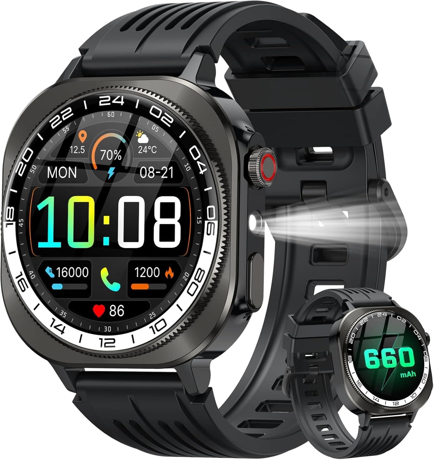 Reloj Inteligente Hombre Mujer Militar, 2026 AMOLED 1.43"HD con Llamadas Bluetooth 5.4, 60 Días de Autonomía Smart Watch con Linterna LED,IP68 Impermeable/24/7 Monitor/130+Deportivos/Android iOS