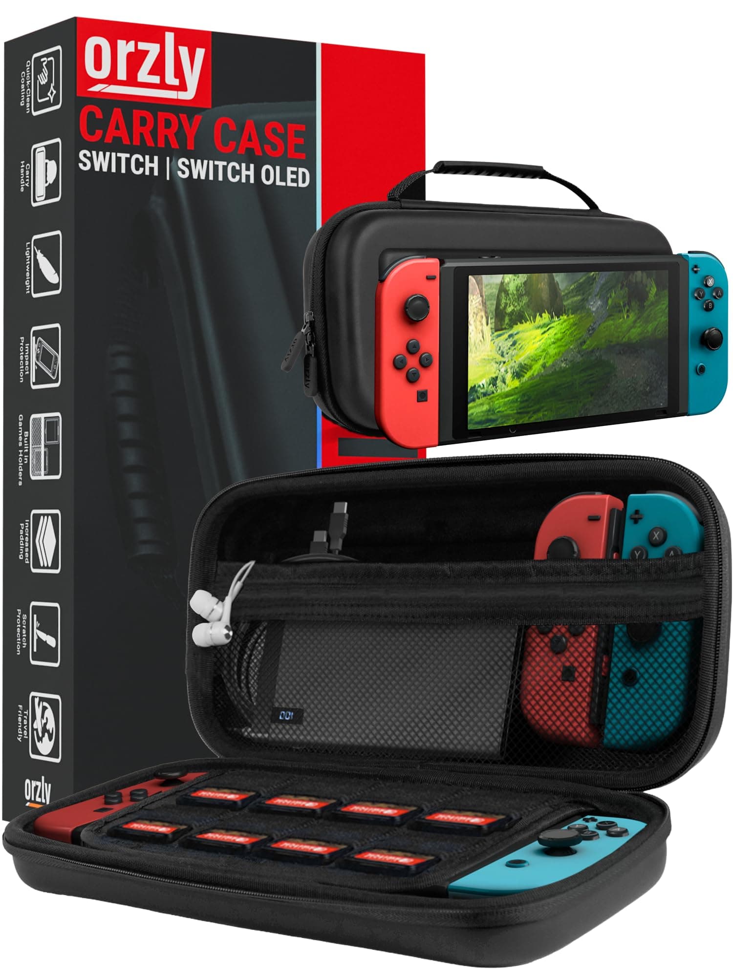 Orzly Etui Rigide en EVA pour Nintendo Switch & Switch OLED Console – Housse Rigide de Rangement Zippée en Matériau Durable Anti-Choc pour la Console Nintendo Switch et Ses Accessoires - Noir