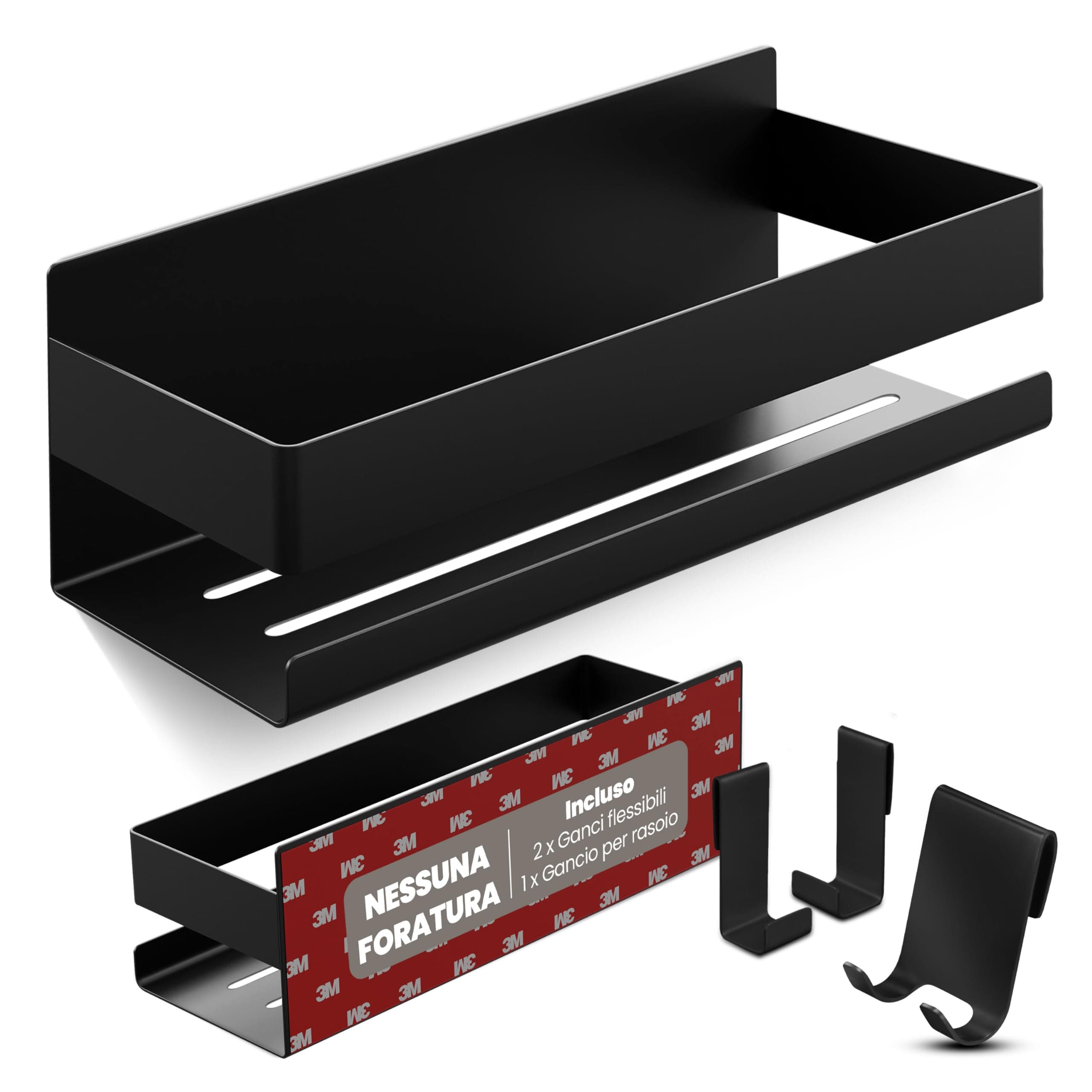 LIEBHEIM Porta Sapone Doccia - Mensola Doccia - Mensole Bagno - Mensola Bagno - per bagno senza foratura - Montaggio con nastro adesivo industriale o adesivo forte - Acciaio inox nero