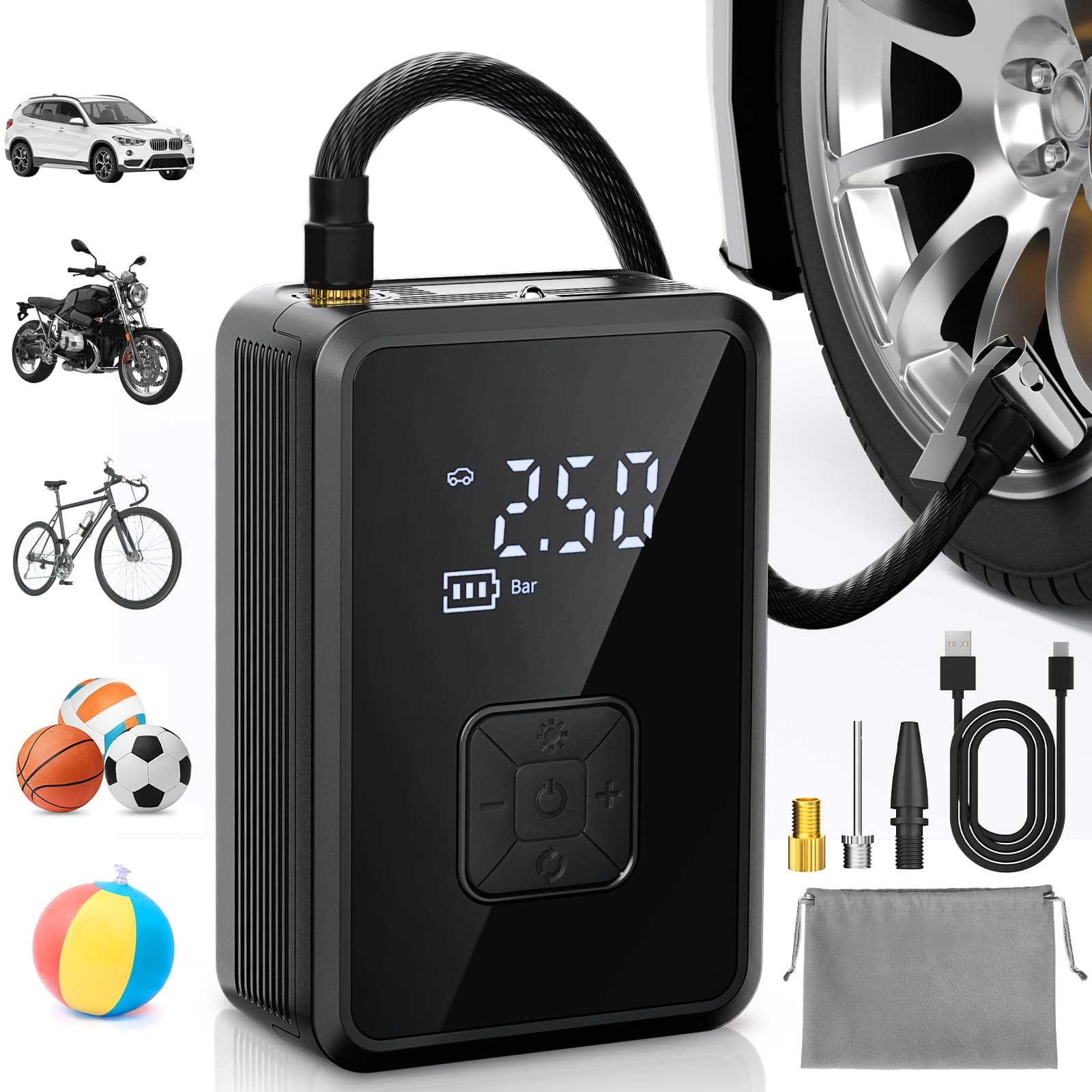 Oasser Compresor Aire Portatil 150PSI Inflador Ruedas Coche Recargable Compresor de Aire Pequeño Luz LED para Coche Moto Bicicleta Pelota