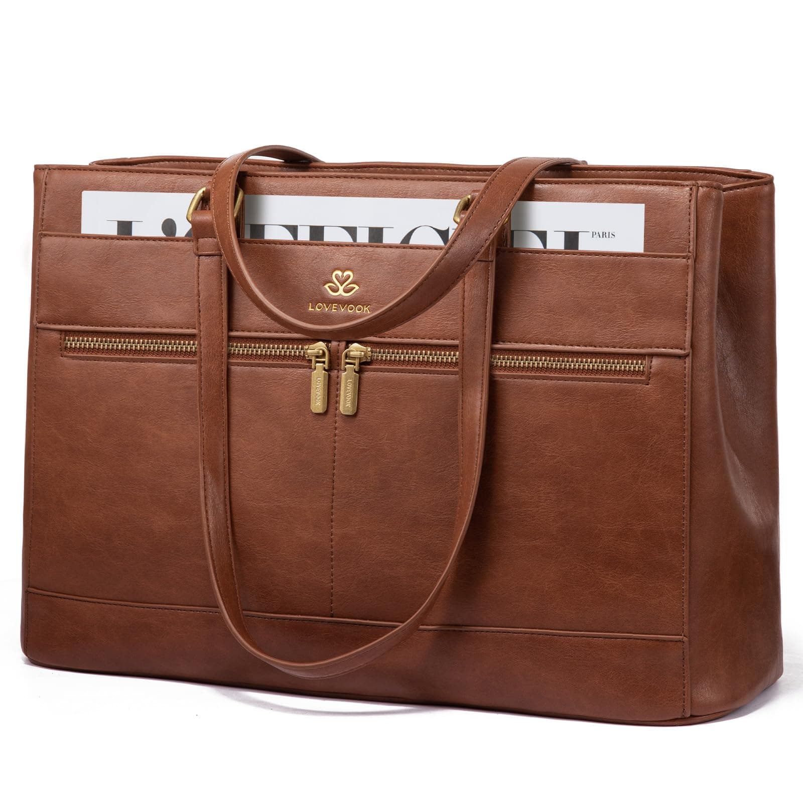 LOVEVOOK Handtasche Damen Groß, 15,6 Zoll Laptoptasche Retro-Leder Arbeitstasche Aktentasche, Leicht Shopper Tasche Schultasche Lehrertasche, Elegant Tote Bag Handbags für Uni Büro Business, Braun