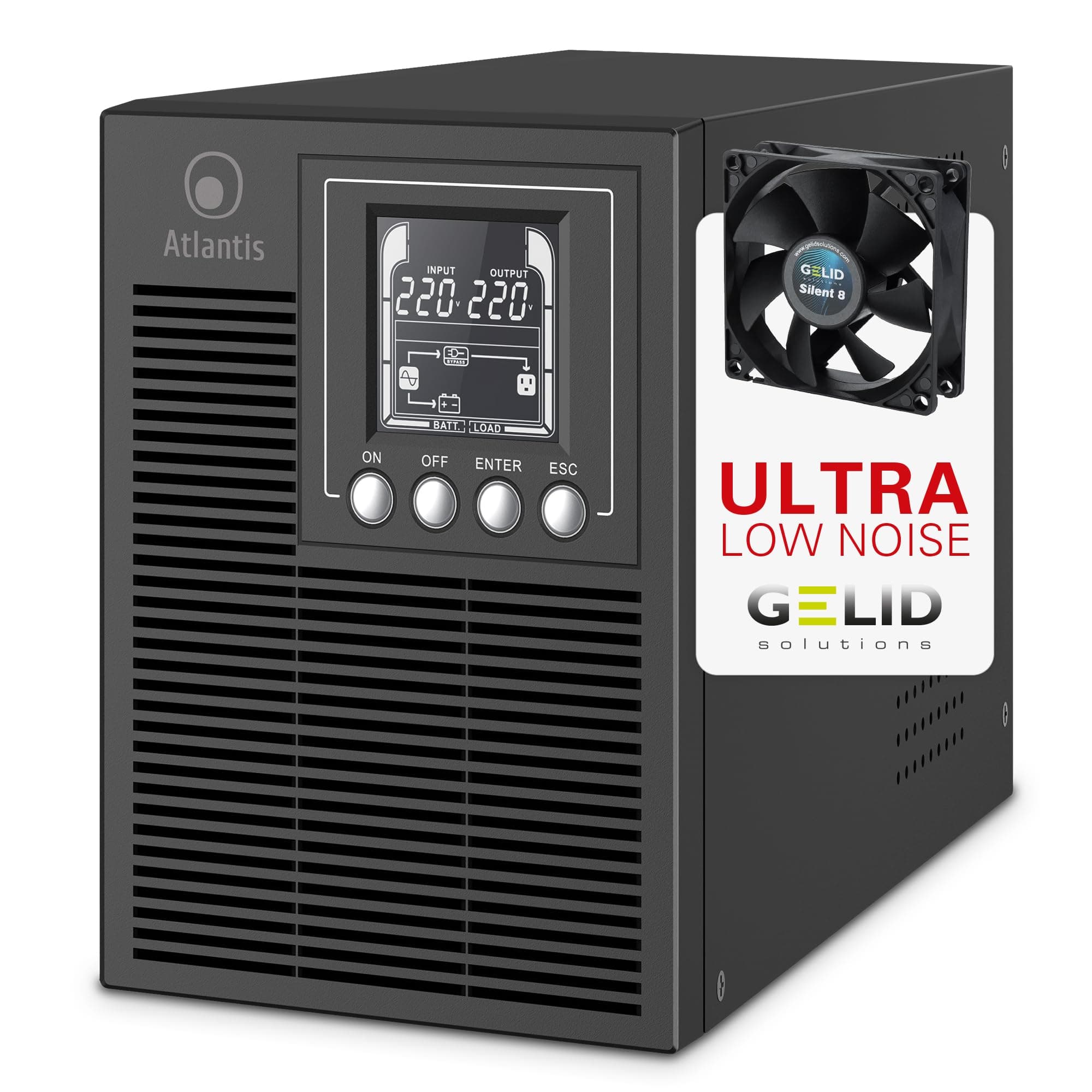 Atlantis onduleur on-Line Faible Niveau sonore 1000VA/700W, Double Conv | onde sinusoïdale pure, 88 % plus silencieux , Gelid 23,6 dB(A), USB, 2 Schuko + 1 IEC, 2x12V 9Ah, réf. A03-OP1002XLN
