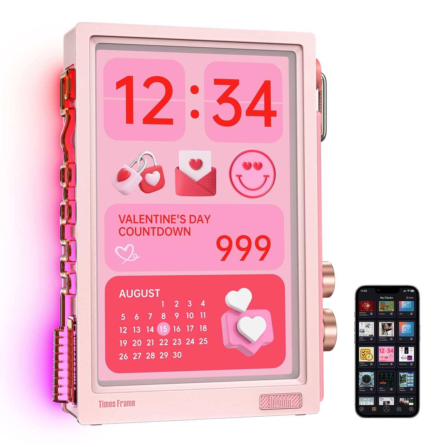 Divoom Times Frame - Marco de Fotos Digital Transparente de 10,1 Pulgadas con WiFi y 64 GB, Pantalla IPS Flotante y botón Giratorio RGB, 400 diales, widgets y Comunidad de Arte de píxeles (Rosa)