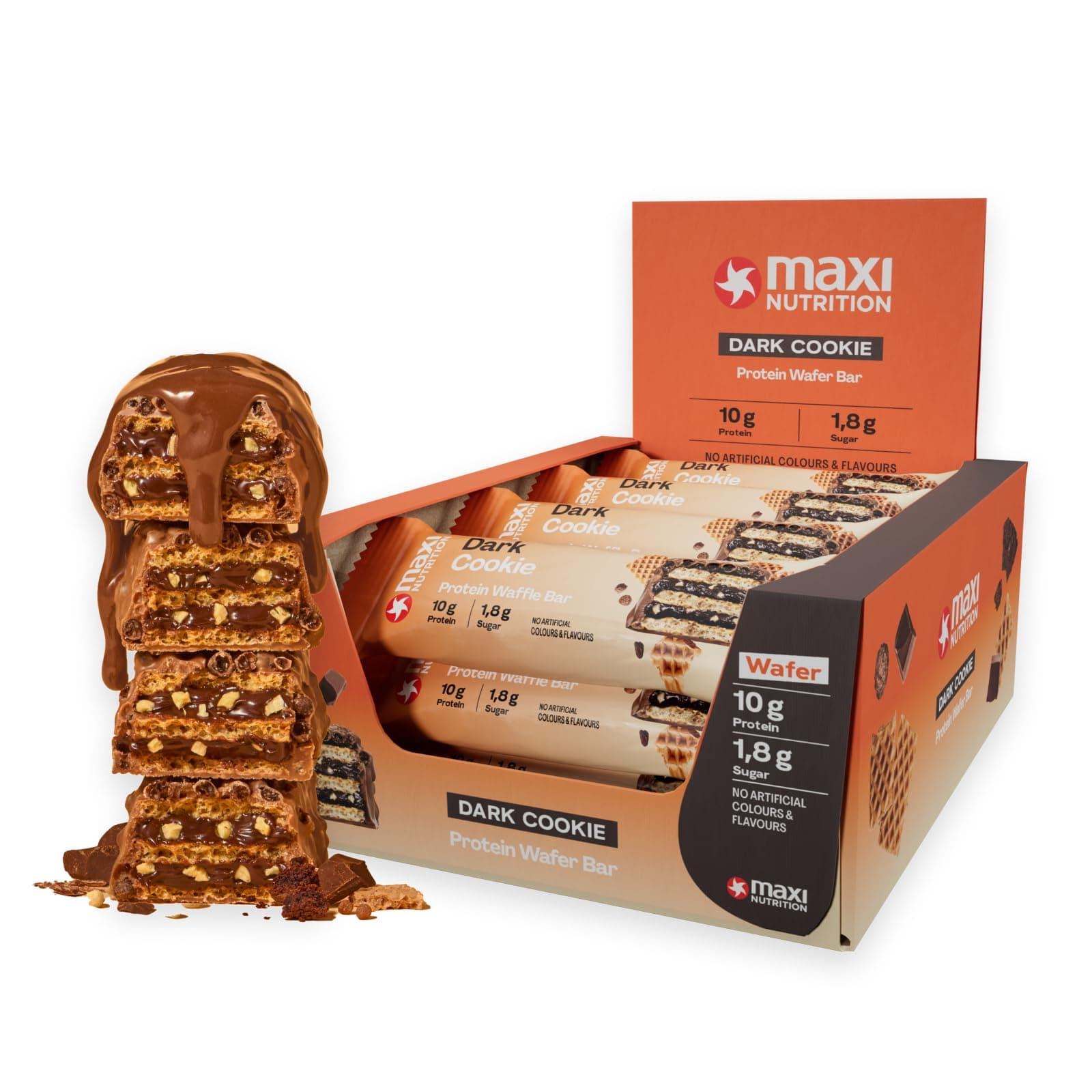 MaxiNutrition Dark Cookie Protein Waffle Bar, 26% Eiweiß, 190 kcal, (12 Eiweißriegel x 39g), Ohne Zuckerzusatz