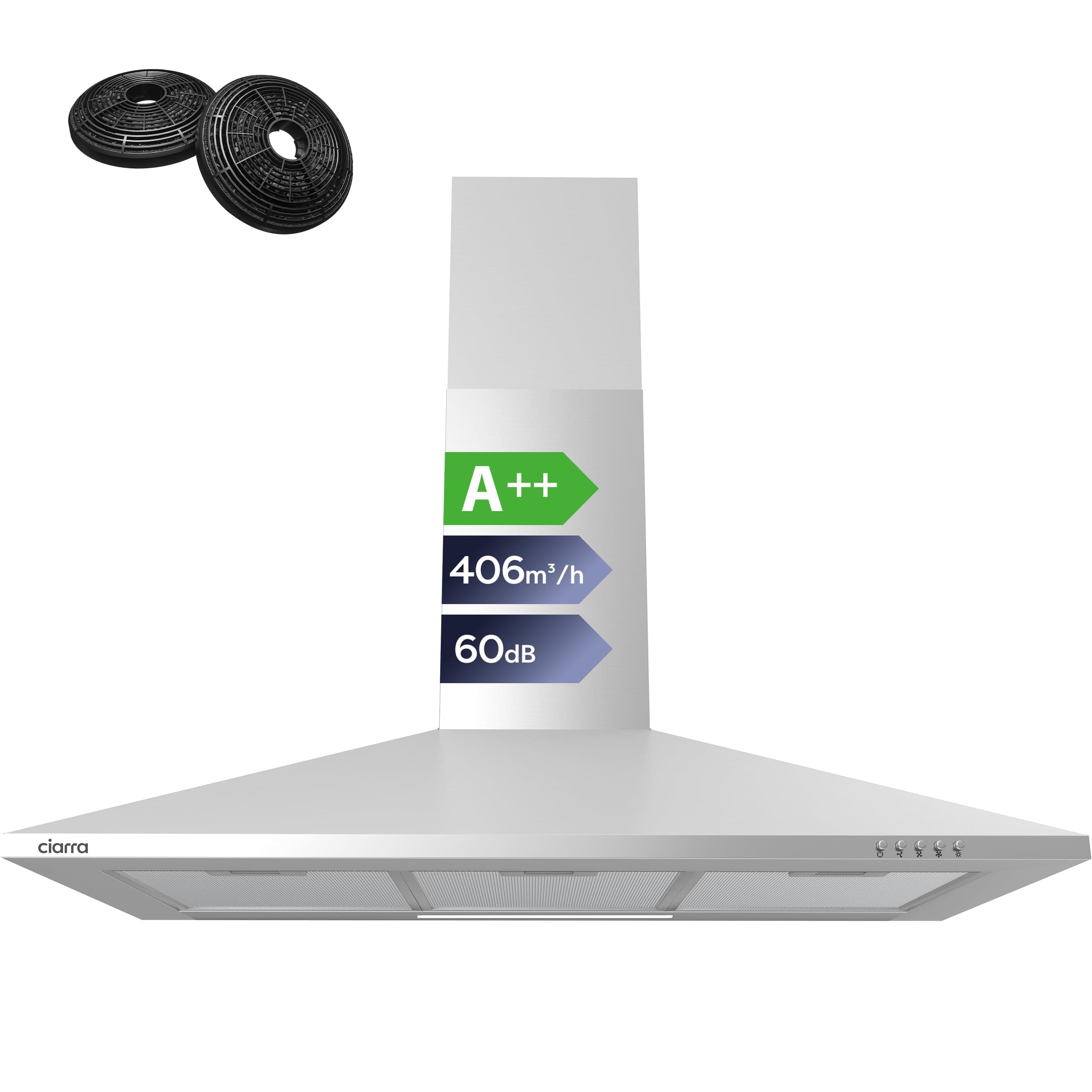 CIARRA ASS9201 Classe A++ Cappa Aspirante 90 cm 406 m³/h Argento | Cappa da Cucina in acciaio INOX Filtro a Carbone CBCF002X2 3 Velocità di Aspirazione Filtro in Alluminio