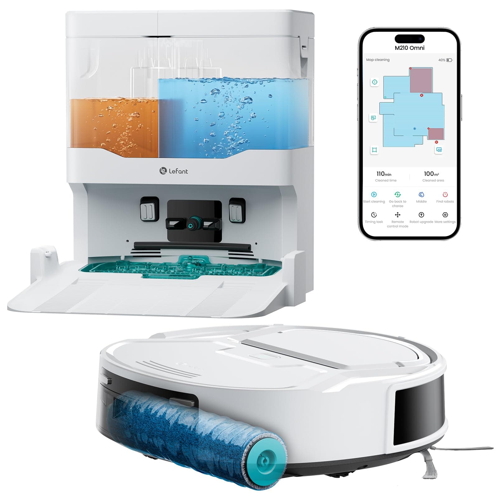 Lefant M210 Omni Robot Aspirapolvere Lavapavimenti,20.000Pa, Anti Groviglio | Mini Robot Aspirapolvere con Rullo ad Acqua, Base Autopulente, 85mm, 800ml, 2.4G WiFi, Mappatura ToF, Alexa, Bianco