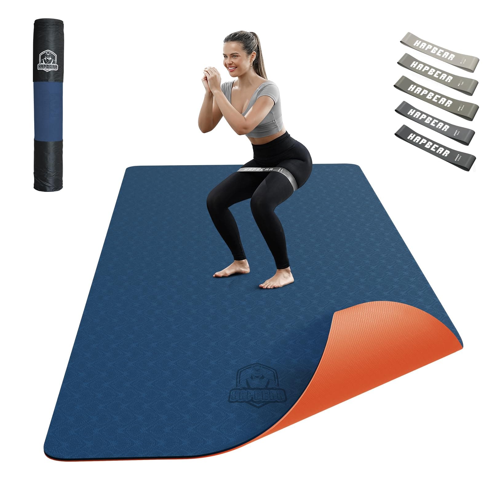 HAPBEAR Esterilla Yoga Grande - 183 cm x 91 cm x 6 mm, Esterilla de Ejercicio Antideslizante Extra Ancha para Entrenamiento en Casa, Incluye Bandas de Resistencia Extra y Bolsa de Transporte