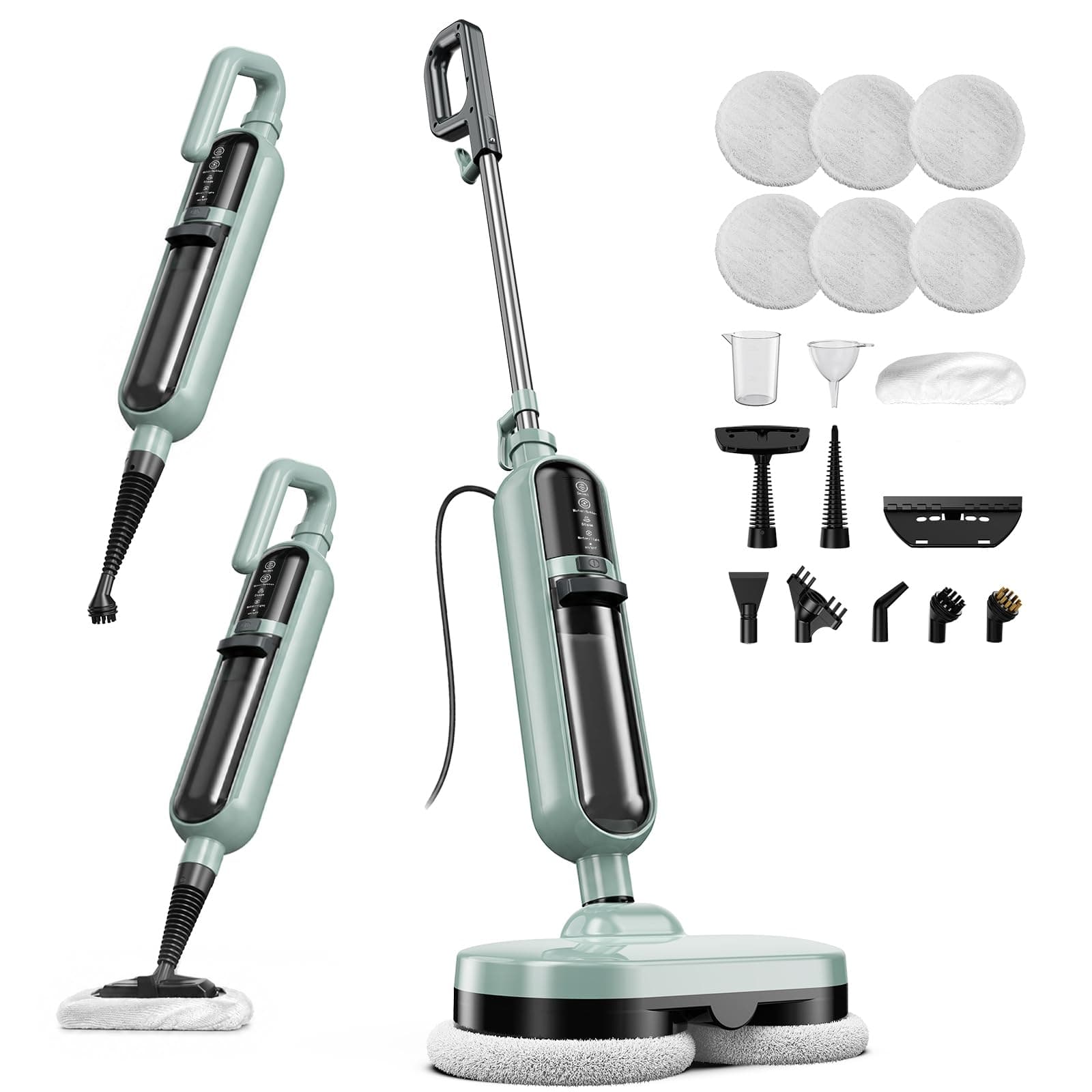 Balai Vapeur Rotatif, Nettoyeur Vapeur Balai 10 en 1, Steam Mop, 6 Tampons | 15S Chauffe Rapide, 500ML Réservoir Amovible, 2 Modes, Tête Pivotante, 5M Câble, Multifonction pour Sol Dur Carrelage Parquet