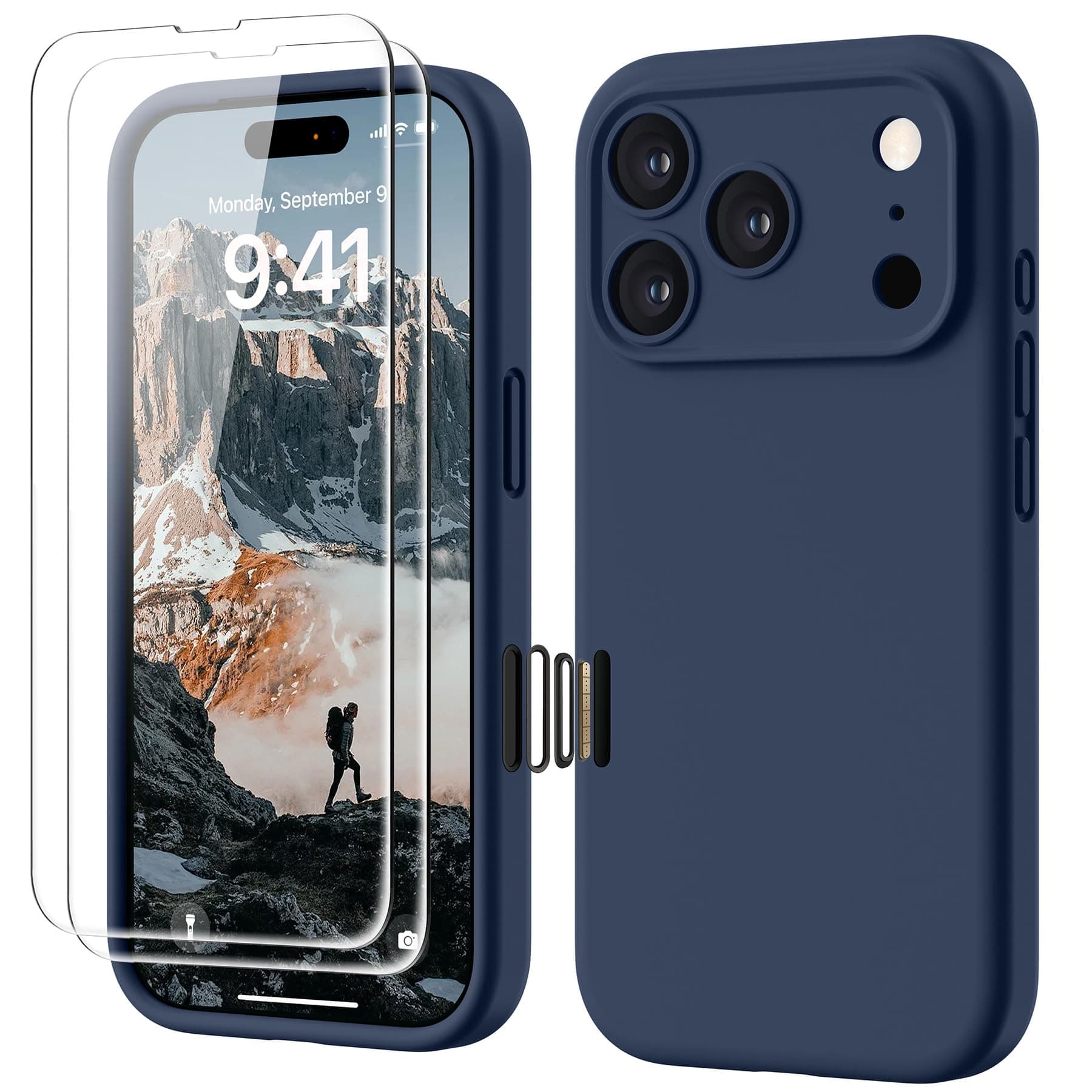 GOODVISH 4 en 1 Coque iPhone 17 Pro Silicone avec Bouton de Contrôle Caméra, avec 2 Verre Trempé, 360° Protection Étui Précise Résistant aux Rayures Antidérapant iPhone 17 Pro Case 6.3", Bleu Marine