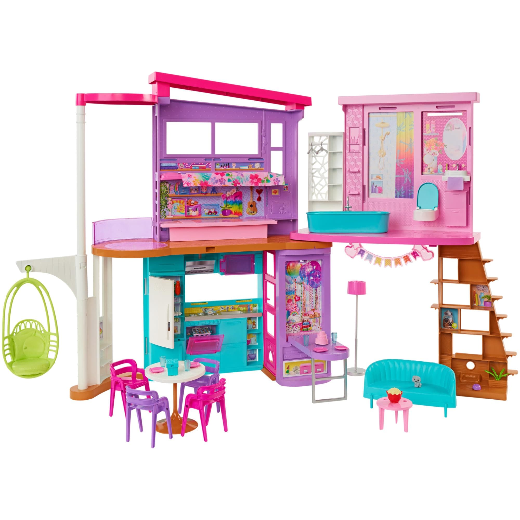 Barbie Casa di Malibu Playset e Accessori | Casa a 2 livelli, 6 stanze, ascensore, altalena, più di 30 accessori, 3+ anni, HCD50