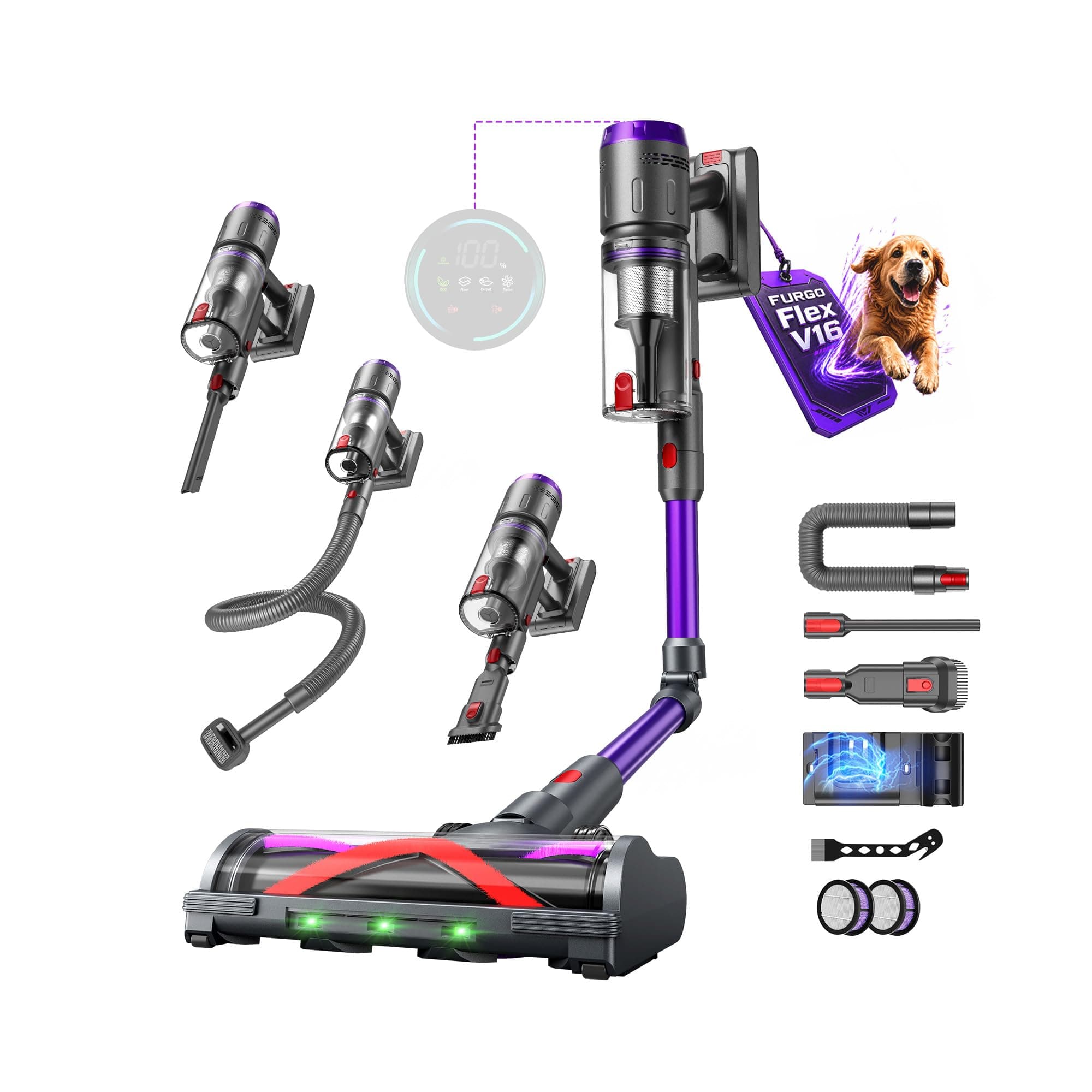 Circlio Aspirateur Balai sans Fil 600W/58000Pa/75min, Aspirateur sans Fil Puissant avec Tuyau Extensible 1m Désenfileur de Poils d'animal, Tube Pliable, pour Tapis, Poils Animaux, Sol Dur et Voiture