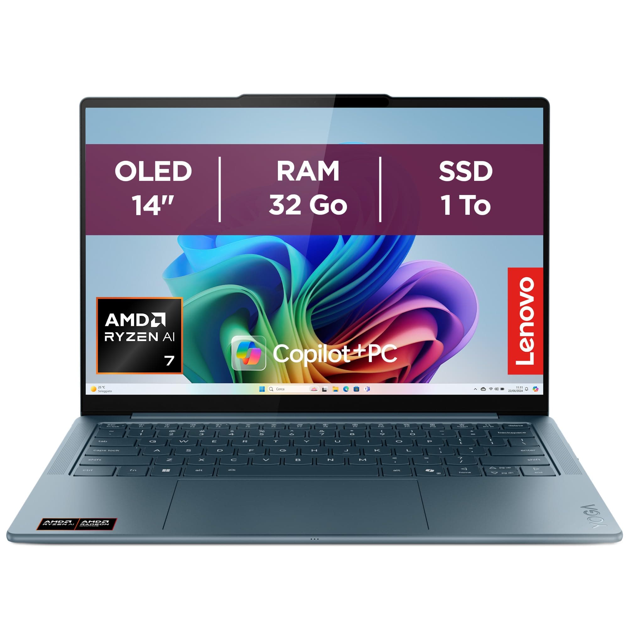 Lenovo Yoga Slim 7 14AKP10 - Ordinateur Portable 14'' OLED Copilot+ (AMD Ryzen AI 7 350, RAM 32Go, SSD 1To, AMD Radeon 860M Graphics, Windows 11 Home) Clavier rétroécl. AZERTY + Écouteurs - Tidal Teal