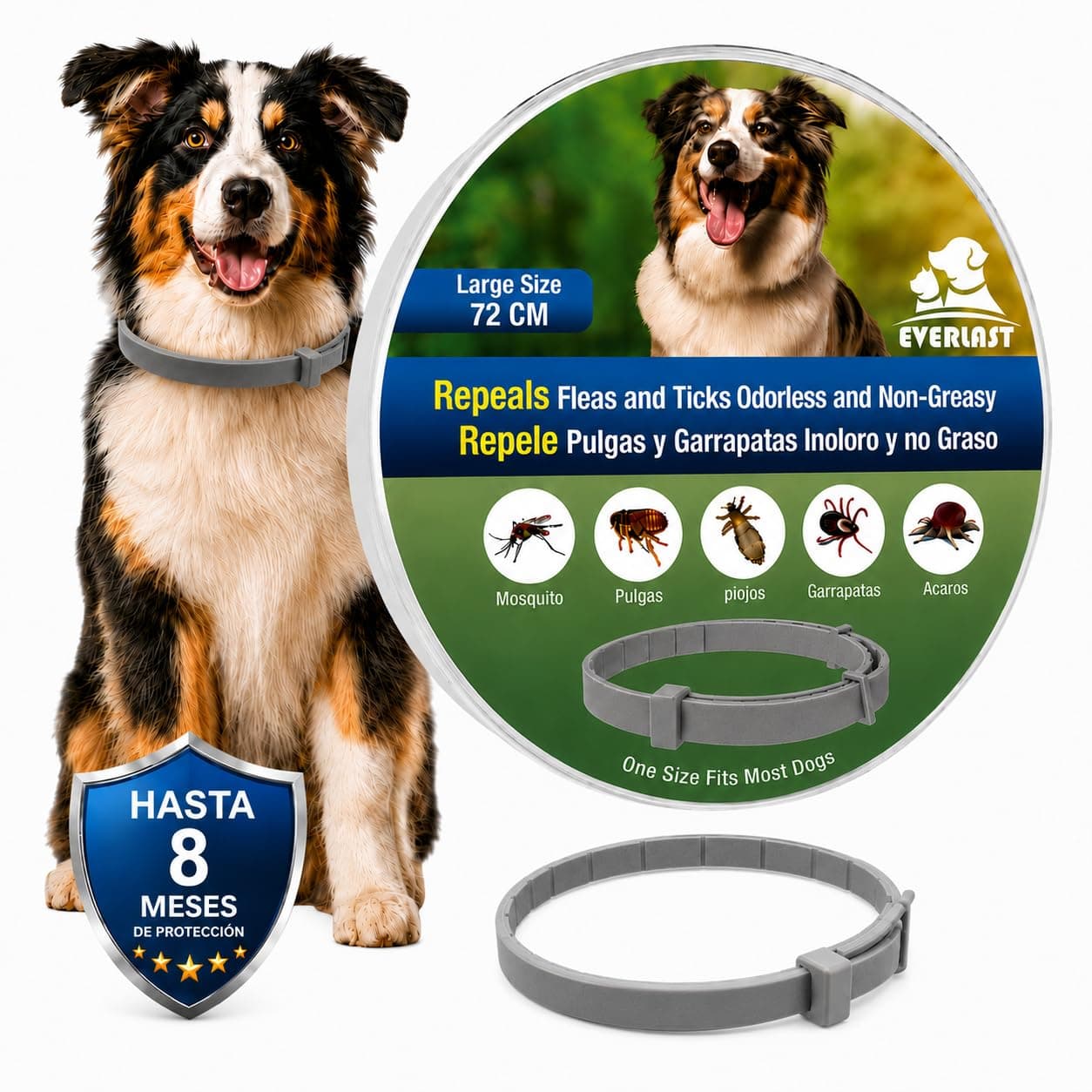 Tempotech Collar Antiparasitario para Perros - Protección contra Pulgas, Garrapatas y Mosquitos hasta 8 Meses - Impermeable, Ajustable y Cómodo (1, Gris, 72CM)
