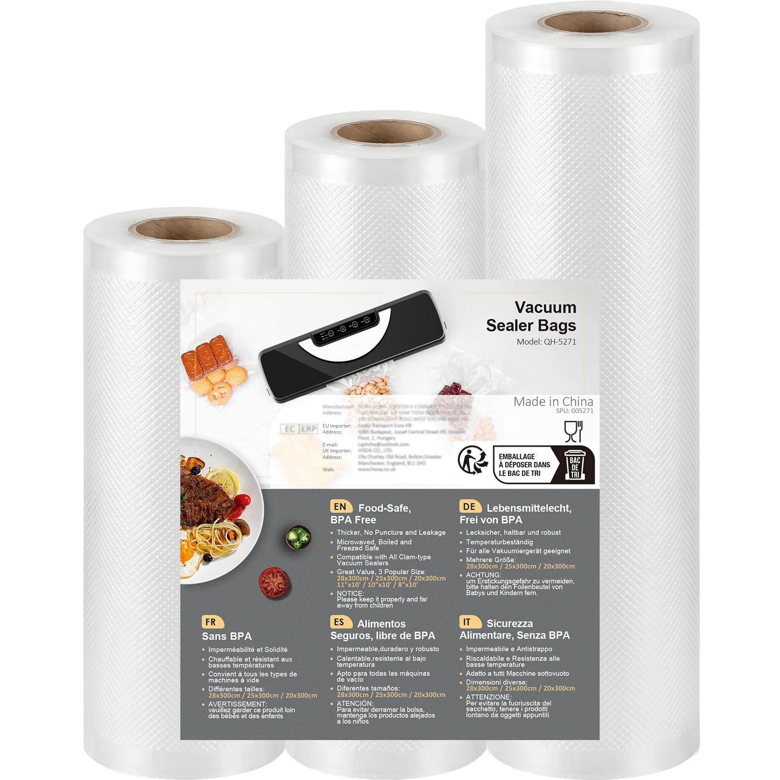 Sacchetti Sottovuoto Alimenti 3 Rotoli 20/25/28x300cm, Sacchetti Sottovuoto per Macchina Sottovuoto e Sous Vide Cucina, Buste Sottovuoto Alimenti Senza BPA