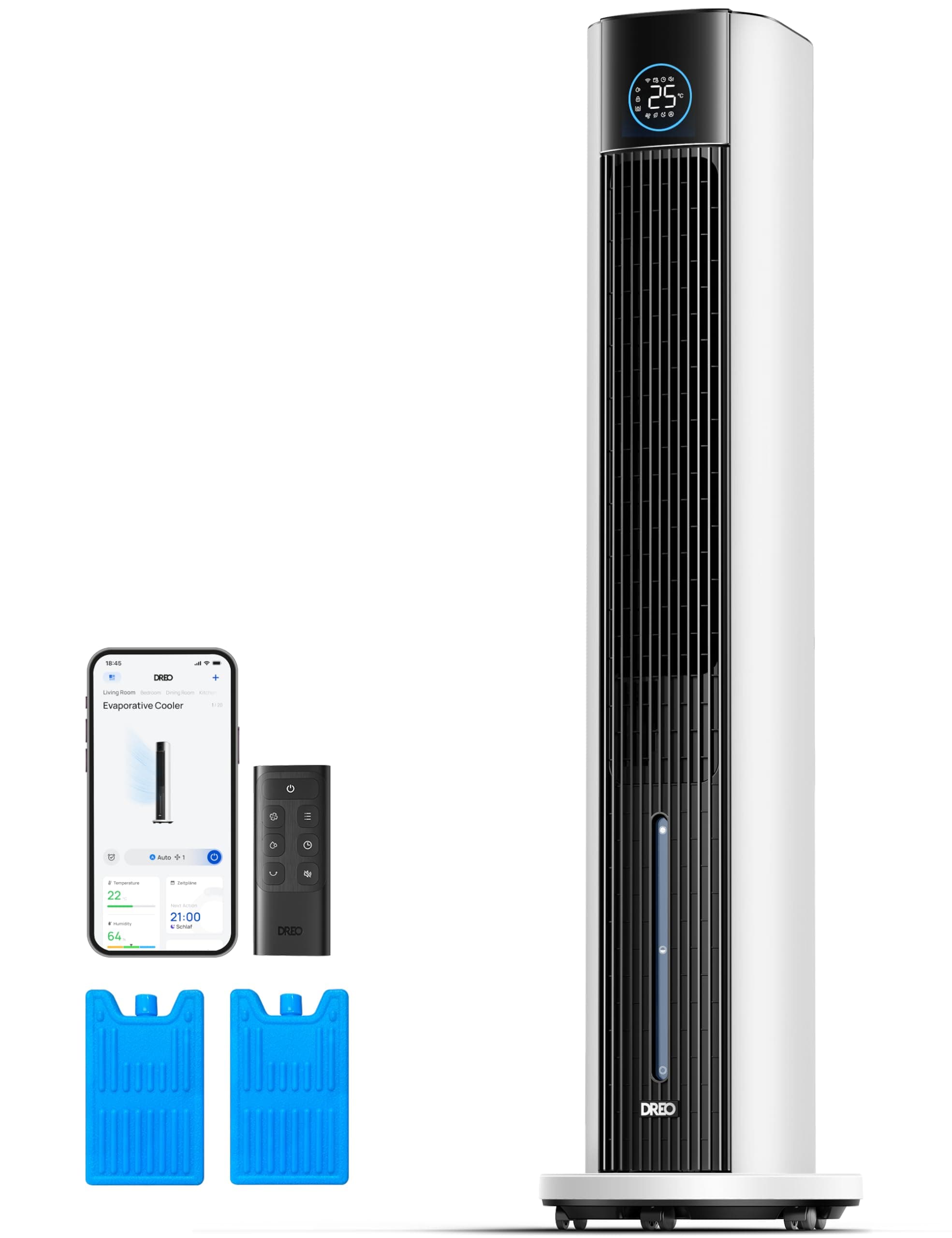 DREO Turmventilator mit Wasserkühlung, 110 cm Luftkühler mit Wasserkühlung Leise, 4-Geschwindigkeiten-4-Modi Verdunstungskühler, APP-Steuerung, Eisbeutel, 80° Oszillation, 12-Std. Timer, Weiß