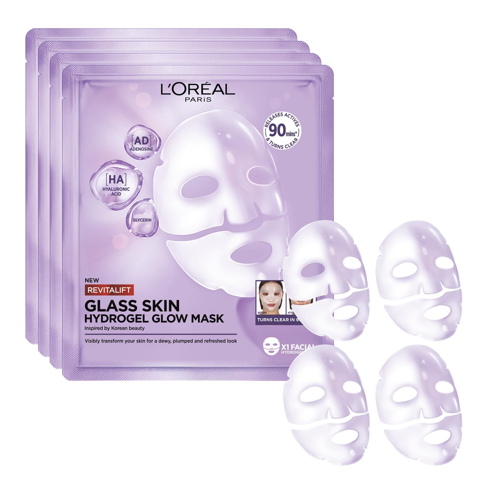 L'Oréal Paris - Masque Visage Hydrogel Éclat, Hydratation Intense, Effet Repulpant à l'Acide Hyaluronique, Inspiré de la Skincare Coréenne - Lot de 4 - Revitalift Filler Glass Skin
