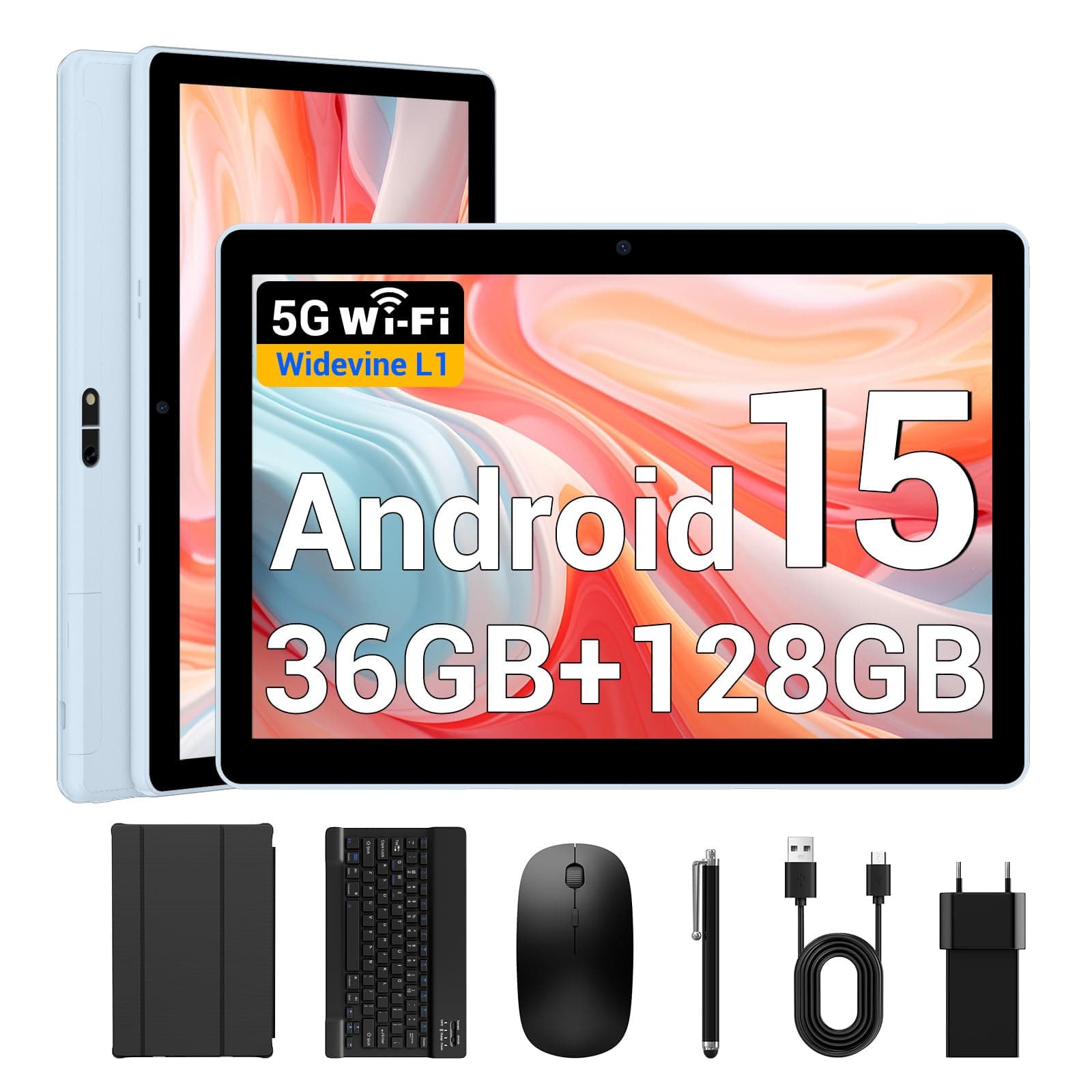 BEYNIVAN Tableta 10 Pulgadas Android 15 Tablet 5G WiFi,36GB RAM+128GB ROM/8000 mAh/BT 5.0/TÜV/USB-C,Tablet con Teclado+ Ratón + Funda,Azul