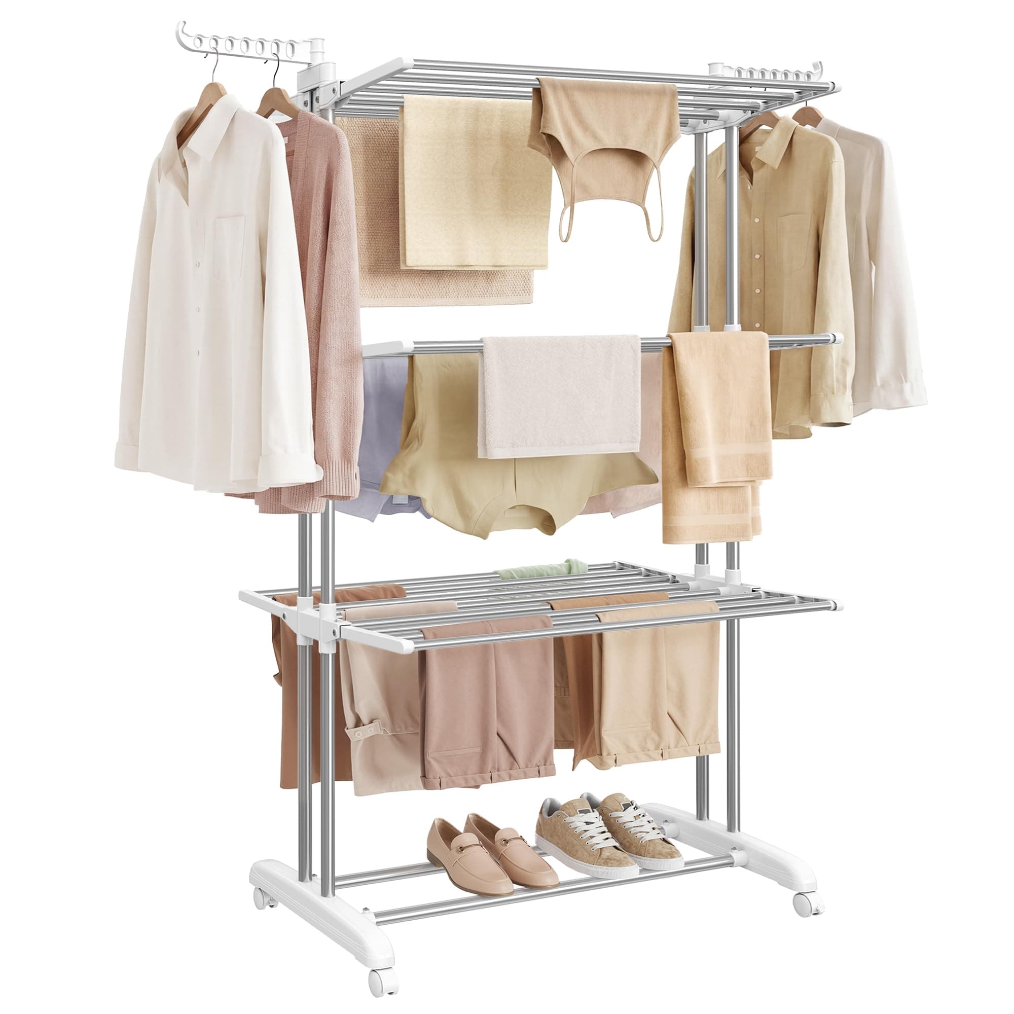 SONGMICS Étendoir à Linge, Séchoir Mobile à 4 Niveaux, avec roulettes, Pliable, 63,5 x 128 x 173 cm, Grande Capacité, Utilisation Intérieure et Extérieure, Argent et Blanc Nuage LLR701EW01