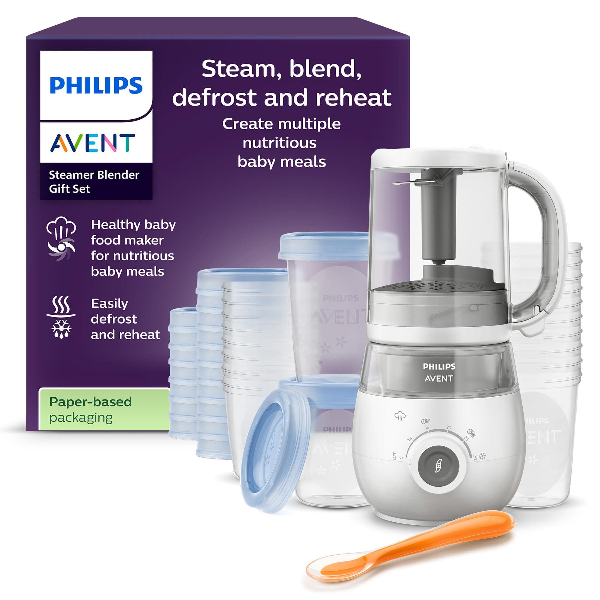 Philips Avent Steamer Blender Gift Set - EasyPappa 4 in 1, cuoci a vapore, frulla, scongela e riscalda facilmente le pappe, con vasetti e coperchi, SCF883/20