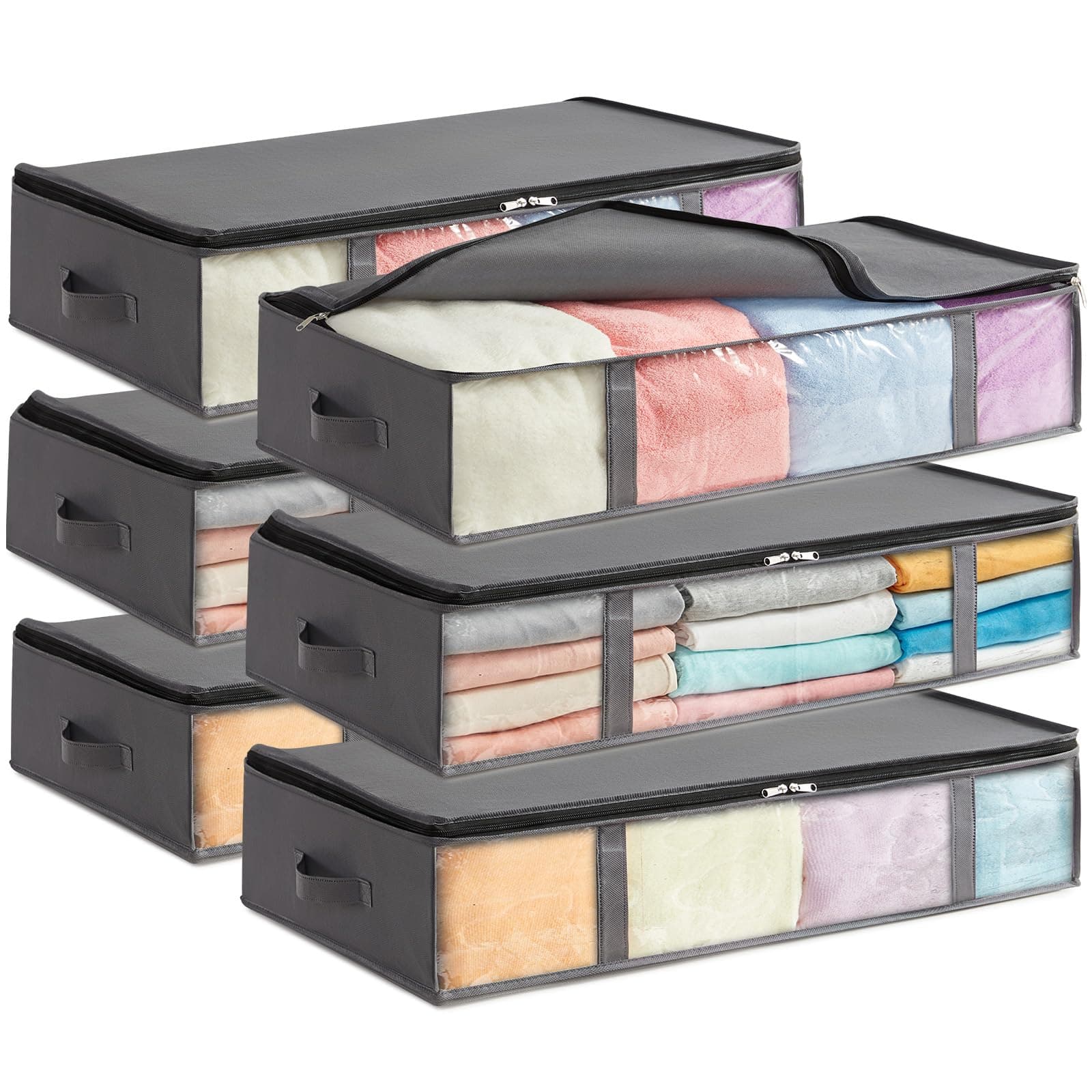 Lifewit Contenitori Sottoletto, Scatole Vestiti con Finestra Frontale Trasparente, Organizer per Armadi e Contenitori per Asciugamani, Vestiti, Coperte, Grigio, 90 L, 6 Pezzi