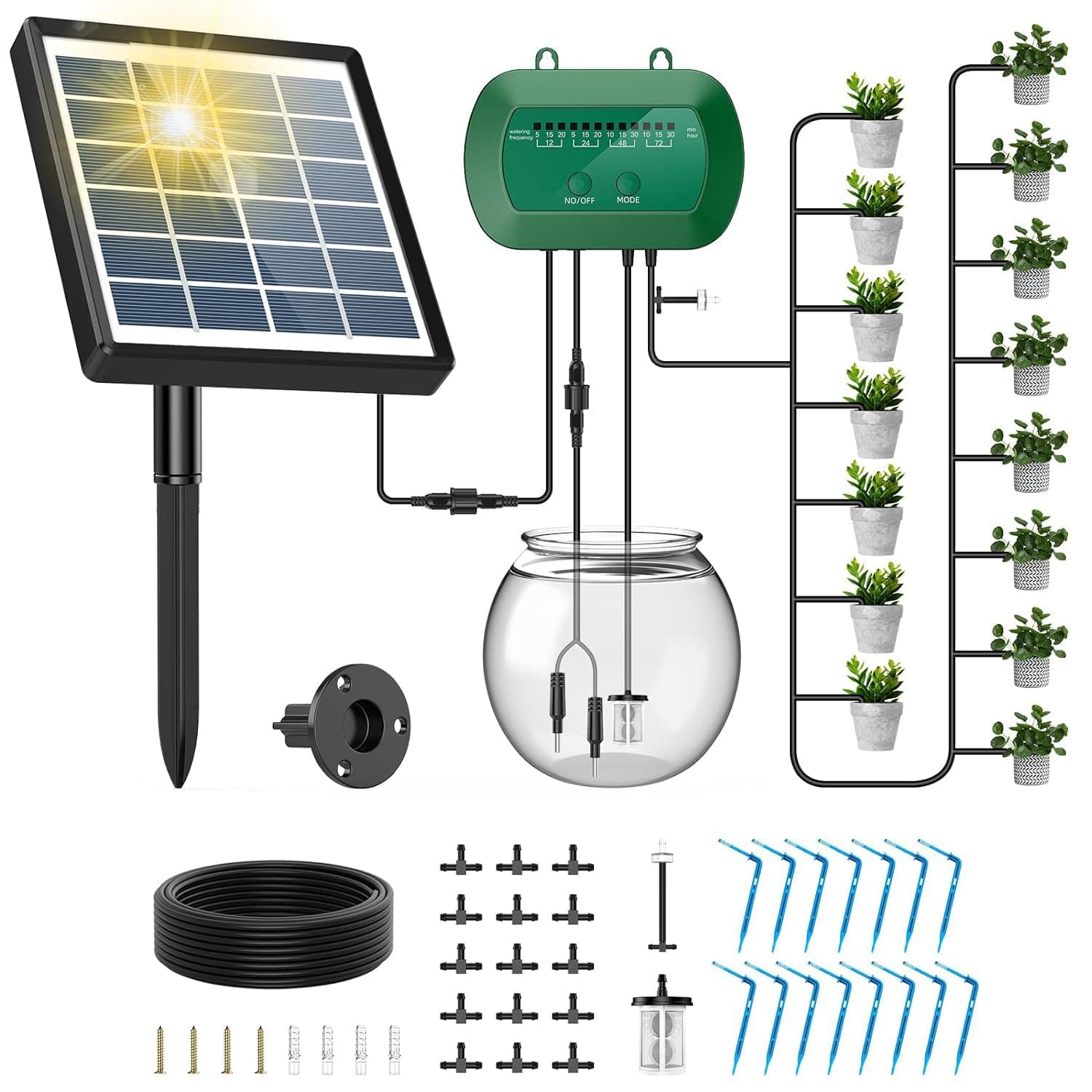 UKSUNVI Système d'irrigation solaire, goutte-à-goutte automatique, design anti-siphon pour plantes en pot, serre, 12 modes de minuterie, appareil d'arrosage de plantes + tuyau de 15 m