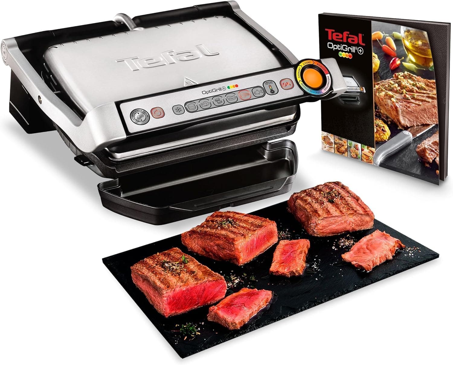 Tefal Optigrill - Plancha Grill 2000 W, 6 modos de cocción y 4 temperaturas ajustables con indicador del progreso, sensor de grosor, bandejas extraíbles y desmontables, Inox GC712D12