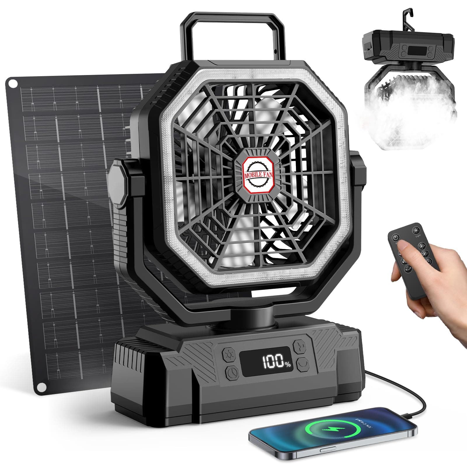 Ventilateur Solaire avec Batterie 20000mAh,Panneau Solaire 10 W,Lanterne LED,Affichage Numérique,Secouant la tête,Télécommande,Minuterie,Crochet.Ventilateur Camping USB Rechargeable pour Extérieur