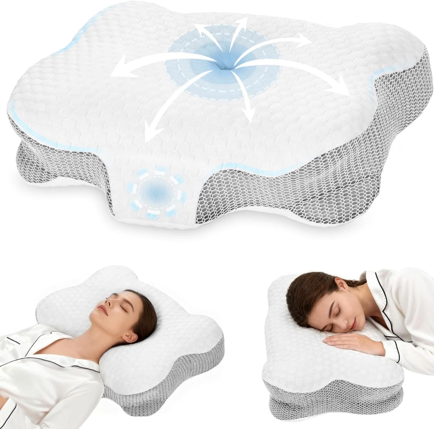 Dozion Cuscino Cervicale per Dormire - Cuscino Ortopedico in Memory Foam, Ergonomico, Supporto Collo Fianco/Schiena, Federa Sfoderabile e Lavabile, 58×40×13/10 cm