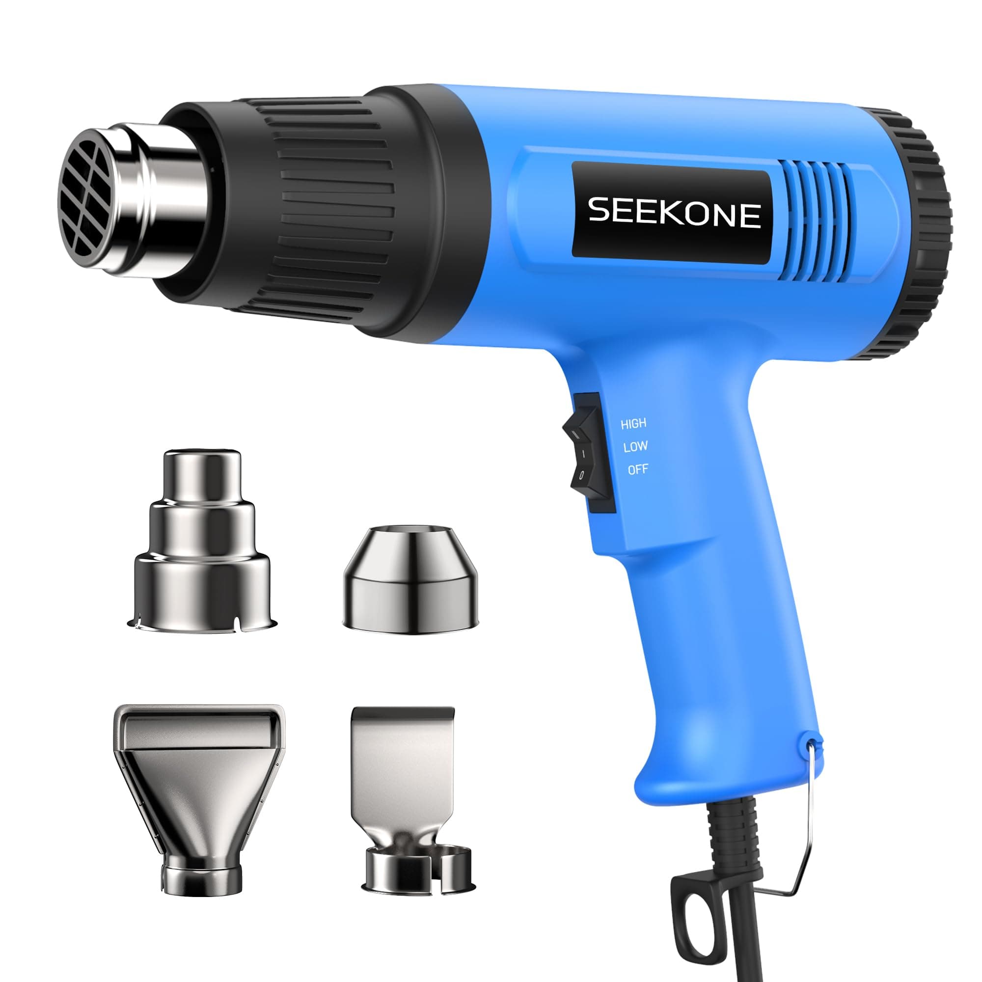 SEEKONE Pistola de Calor 2000W, Pistola de Aire Caliente con Ajuste de Temperatura Dual de 300℃/600℃, Decapador con Protección Contra Sobrecalentamiento y 4 Boquillas, para Encoger PVC