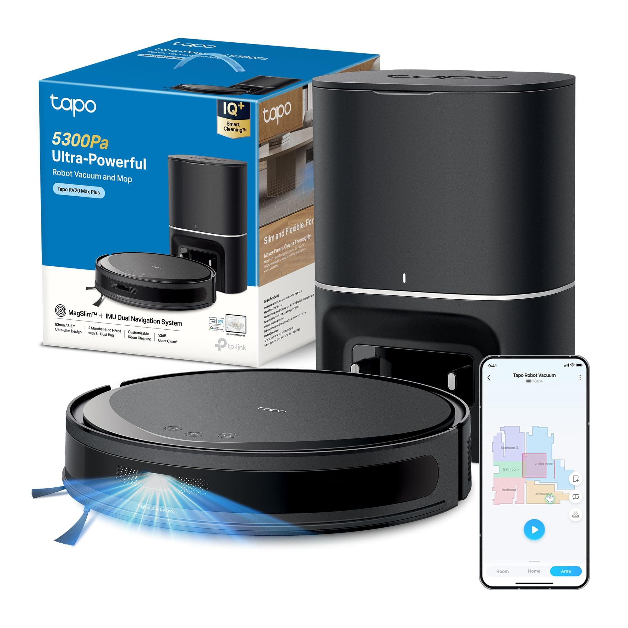 Tapo RV20 MAX Plus Robot Aspirapolvere Lavapavimenti con Mappatura 5300Pa, Svuotamento Automatico Polvere 3L, Navigazione LiDAR MagSlim, Design Ultra Compatto 83mm, Controllo APP&Alexa&Google