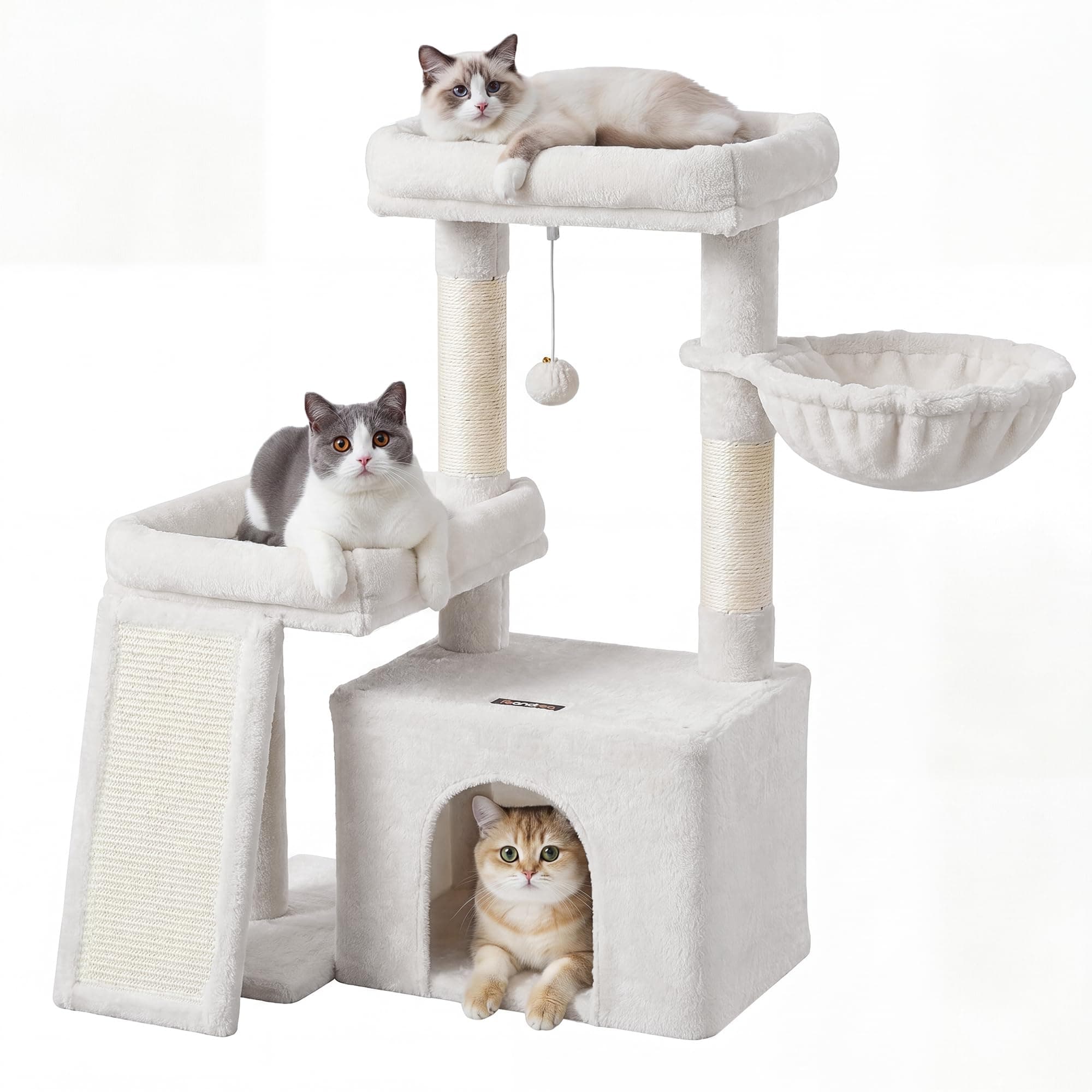 Feandrea Arbre à Chat, Centre d'activités avec griffoir en sisal | Pour chatons, avec rampe, niche et hamac en peluche, 92,5 x 58,9 x 85,8 cm, Blanc crème, Collection CLAWFY PCT013W101