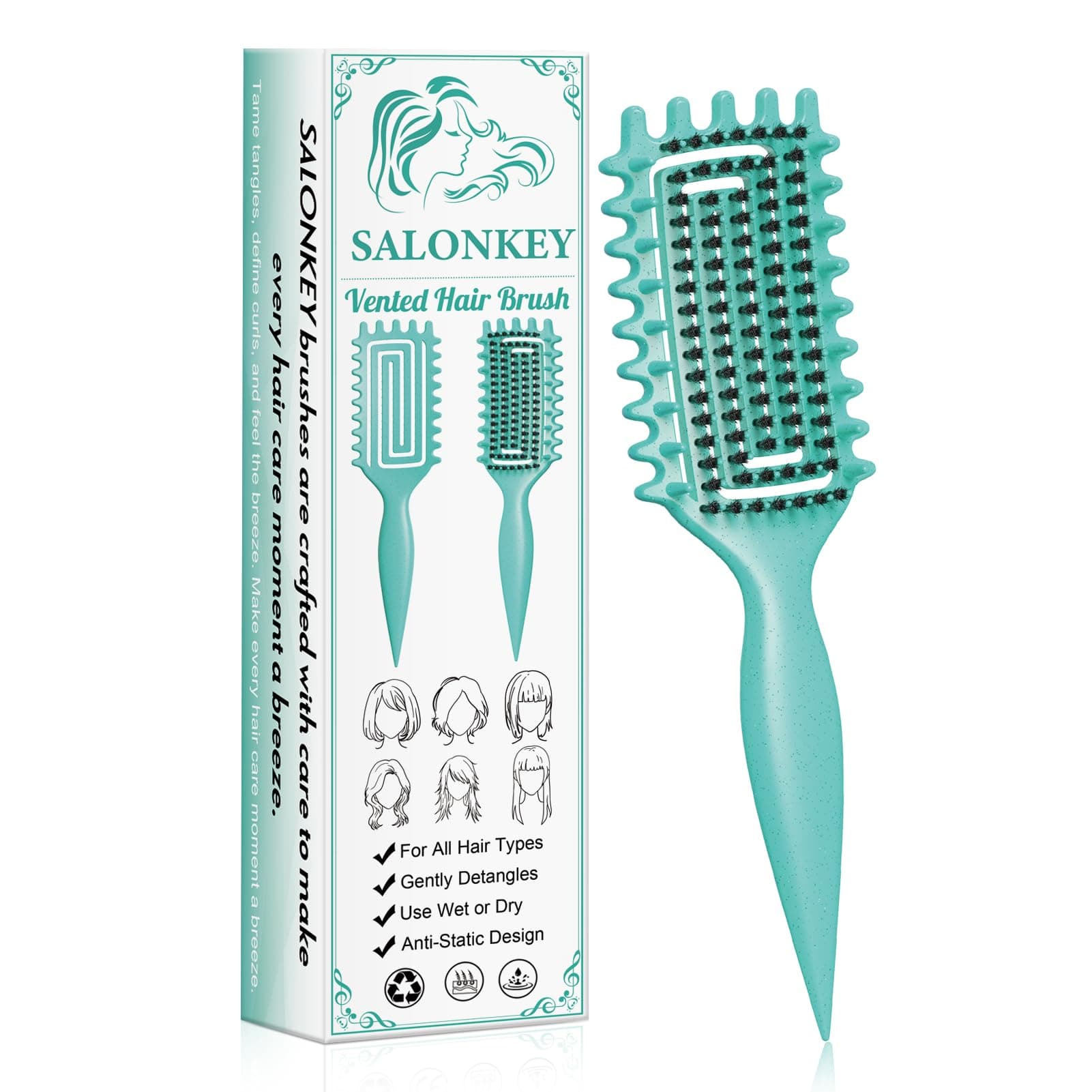 Cepillo rizador para rizos, desenredar suavemente y peinar sin tirones - Mango ergonómico, antiestático, adecuado para hombres, mujeres y niños, también como cepillo para el pelo (verde)