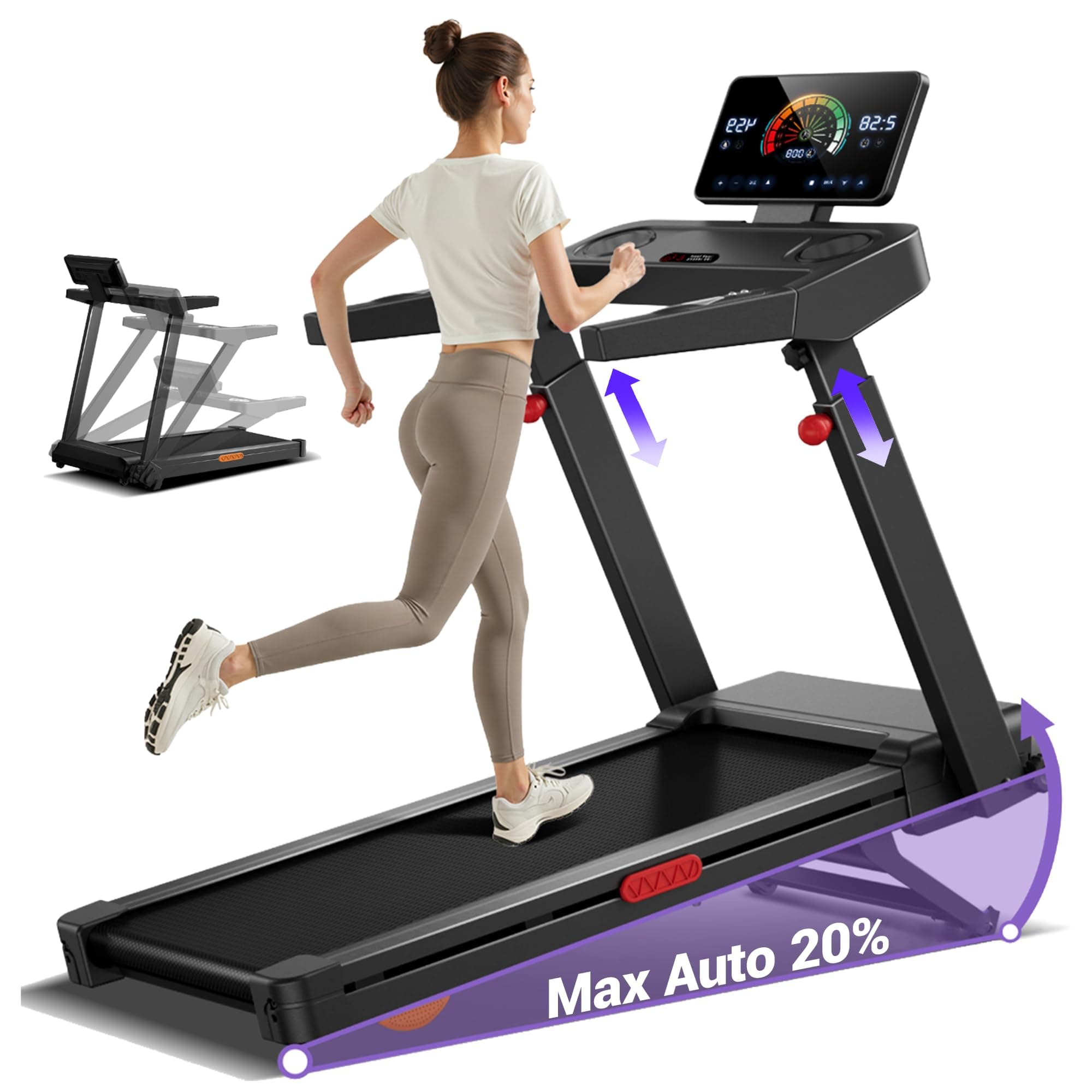 UMAY Tapis de Course avec Inclinaison Automatique de 20%, 14KM/H Tapis Roulant Pliable avec Console Réglable sur 4 Niveaux, 3,5CV Treadmill Home avec Affichage LED, Silencieux, Charge Max 180KG