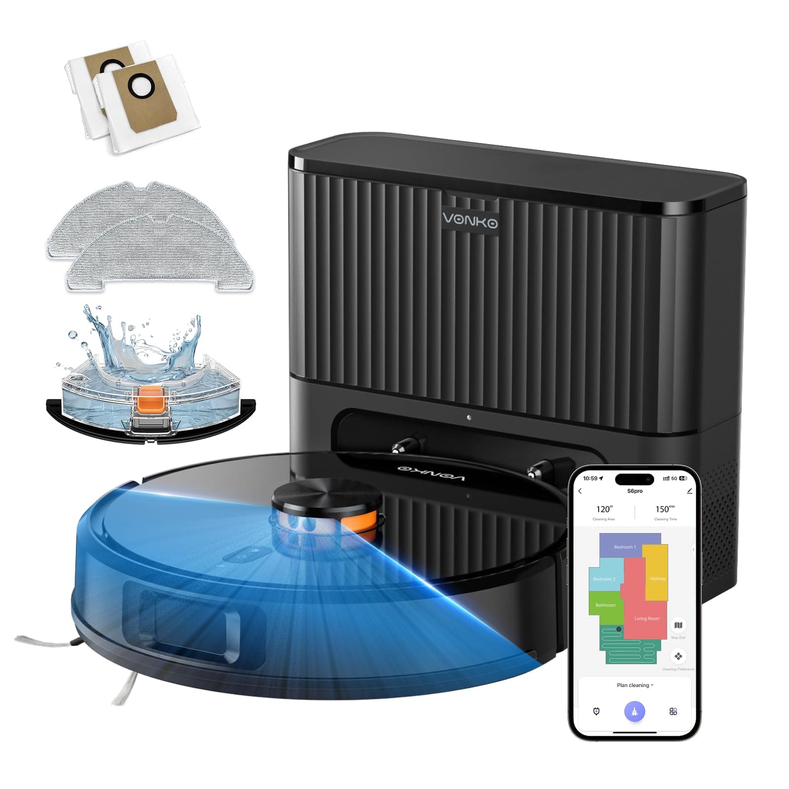 VONKO Robot Aspirateur Laveur avec Station de Vidage Automatique, 8000Pa, Navigation LiDAR 2.0, 180min Autonomie, Détection de Tapis, App & Alexa, Idéal Poils d’Animaux & Sols Dur,Noir