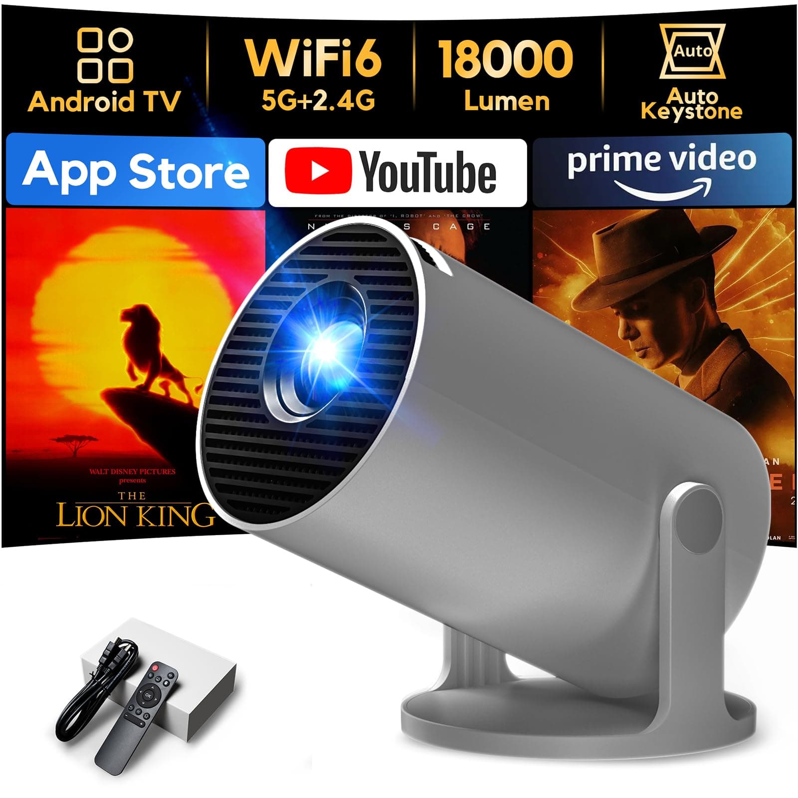 Videoprojecteur 2026 Rétroprojecteur Portable Mini Projecteur, AKIYO O2 Projecteur Video Supporte 4K 1080P Auto Keystone 180° Rotation, Compatibile avec HDMI/TV Stick/USB/PS5