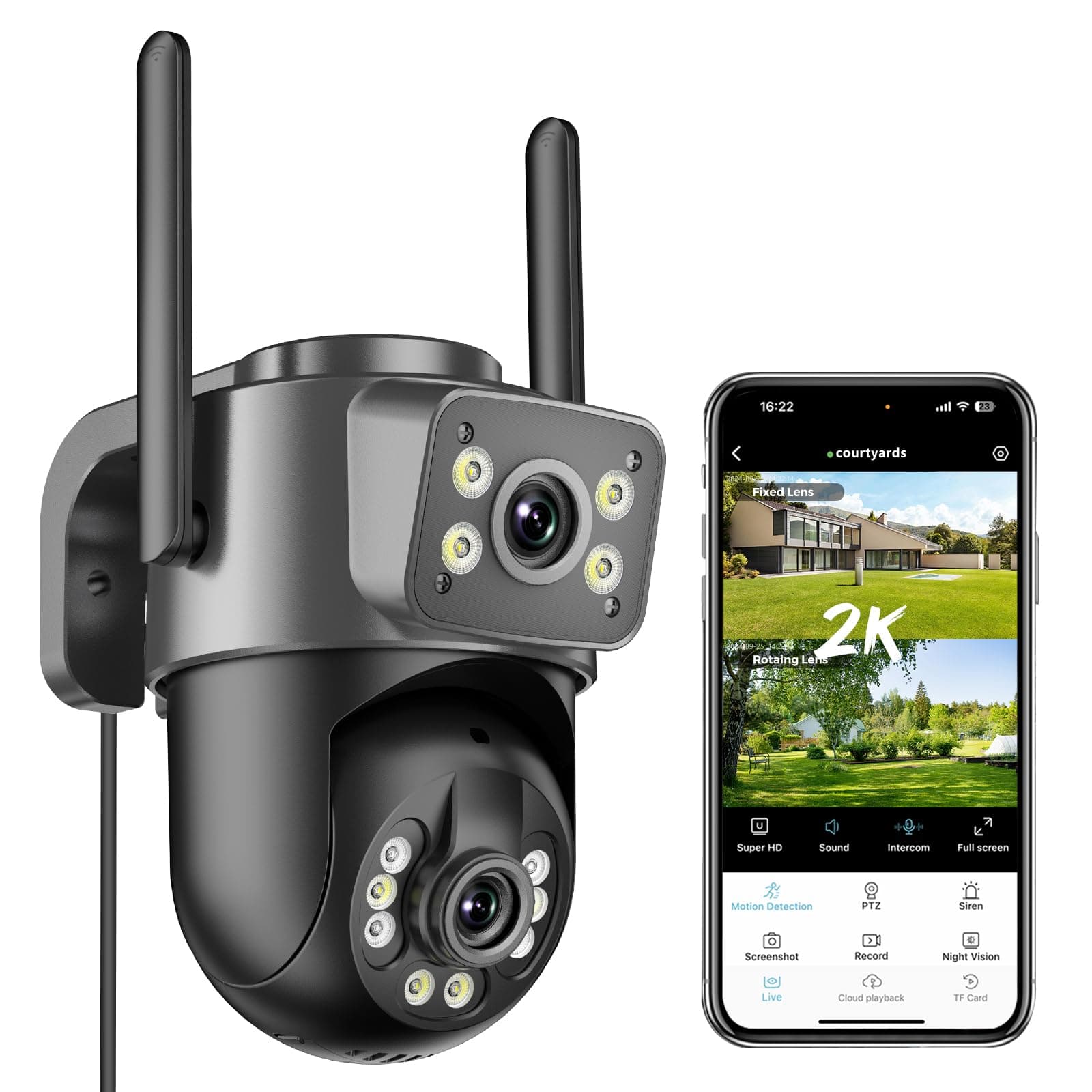 Reobiux 2K Camera Surveillance WiFi Exterieure, PTZ Outdoor IP Caméra Extérieur avec Double Objectif, Vision Nocturne Couleur, Détection de Mouvement, Audio Bidirectionnel, Stockage SD/Cloud, IP66