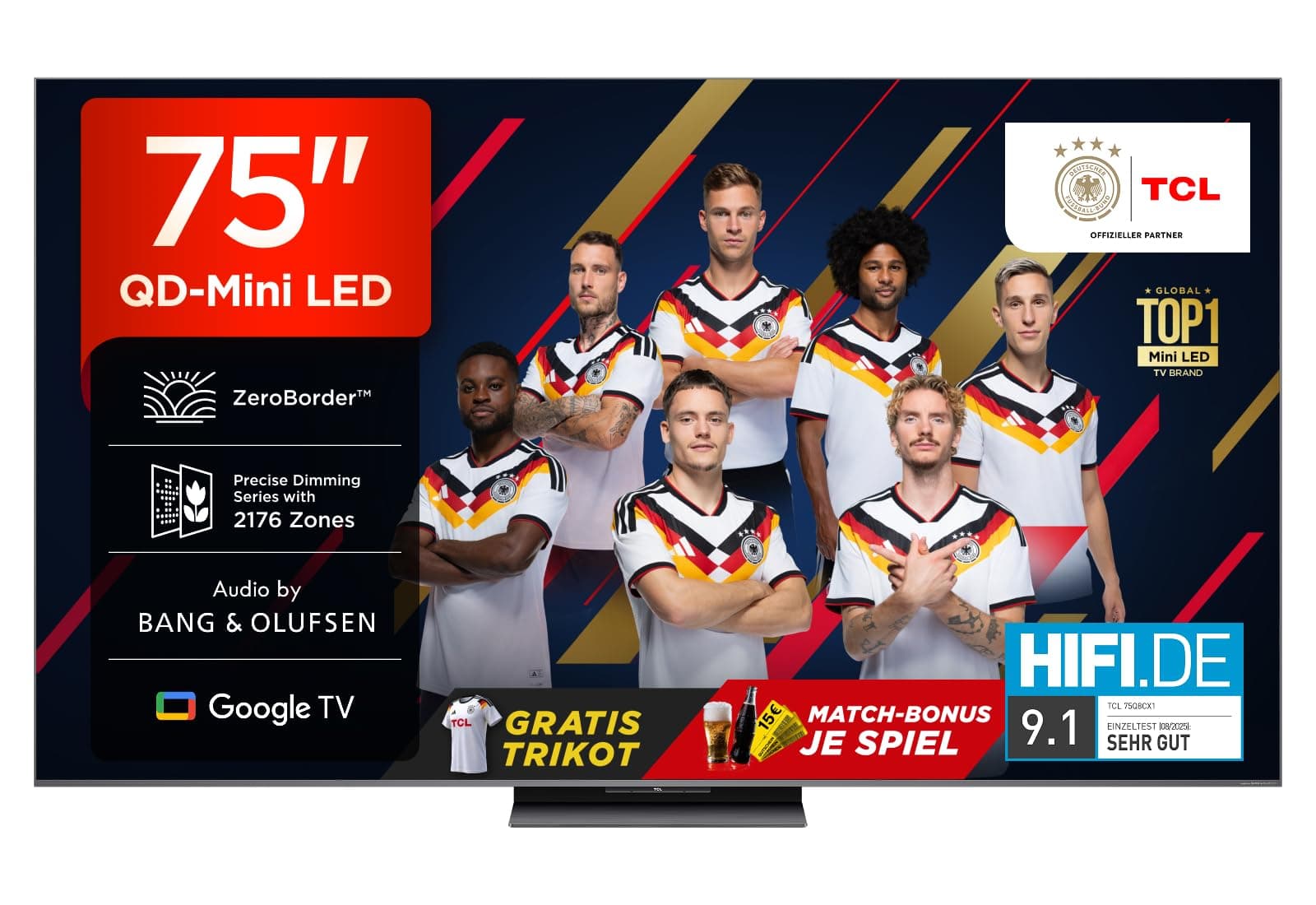 TCL 75Q8C 75 Zoll QD-Mini LED Fernseher, 4K HDR Premium 4500, ZeroBorder™, Smart Google TV, CrystGlow WHVA Panel, Audio von Bang & Olufsen, 144Hz Motion Clarity Pro, Dolby Vision IQ & Atmos